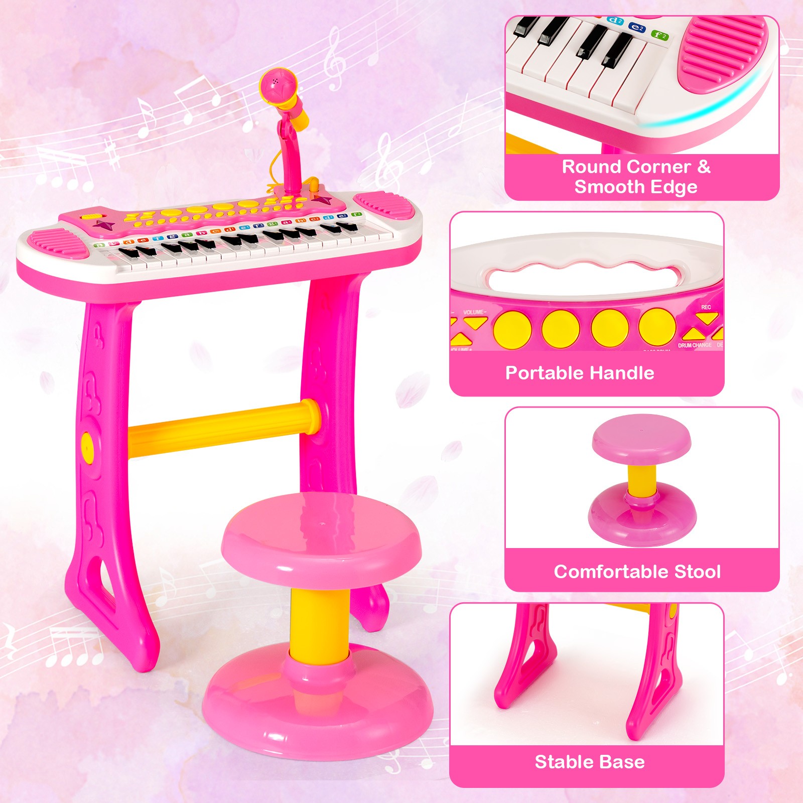 31 Key Kids Piano Keyboard Toy Toddler Musical Instrument w/ Microphone Pink