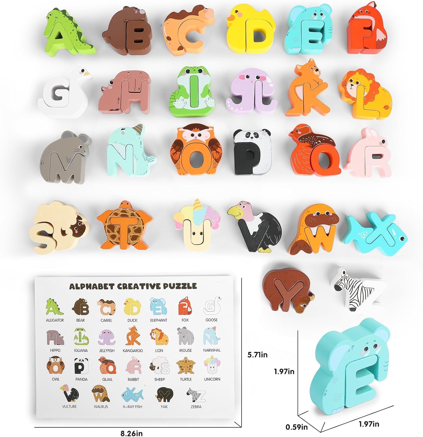 52PC Matching Game, Wooden Alphabet Animal Puzzles ABC Peg Puzzles f/Age 3+ Kids