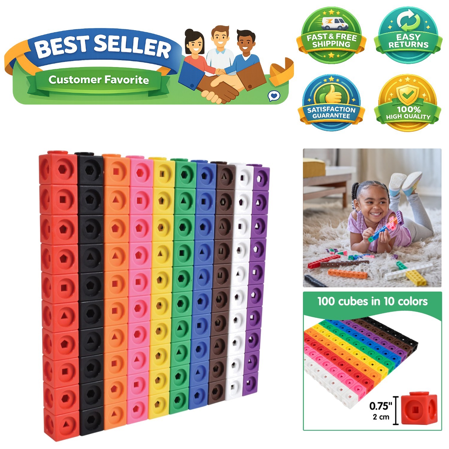 Math Cubes | Set of 100 Counting Blocks with 5 Shapes | Math Manipulatives fo…