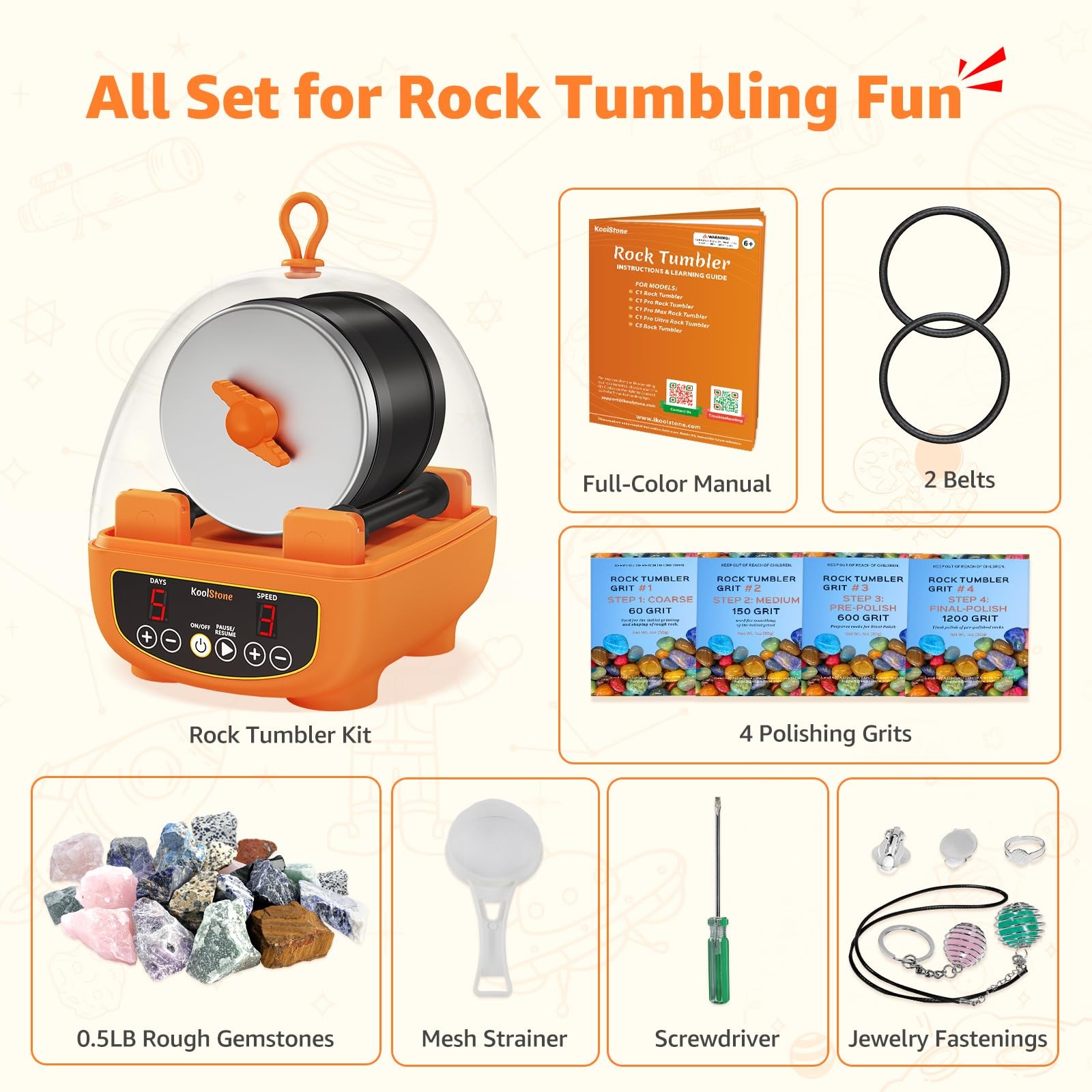 Koolstone C5 Starter Rock Tumbler Kit – Durable Leak-Proof Rock Polisher –