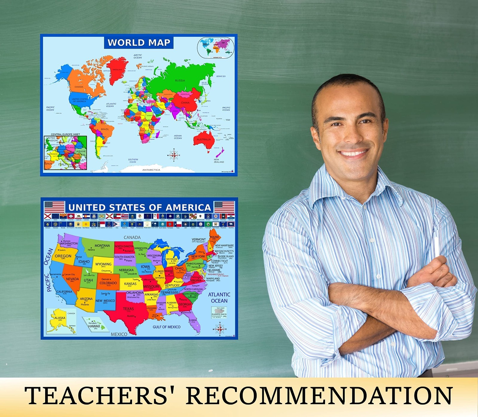 Educational World Map & US Map Poster + Solar System – Laminated 14×19.5″ – Clas