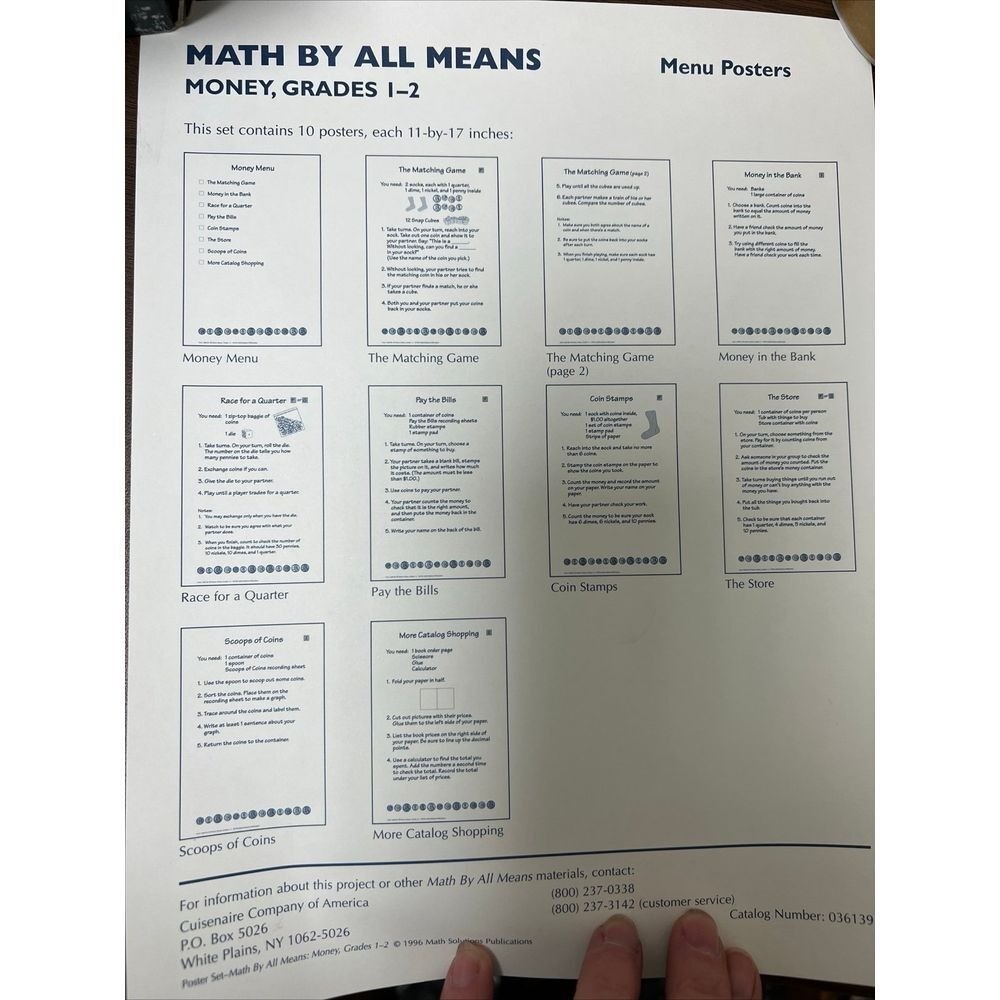 Math By All Means MONEY Grades 1- 2 Menu Posters Set of 10 New 036139 CUISENAIRE