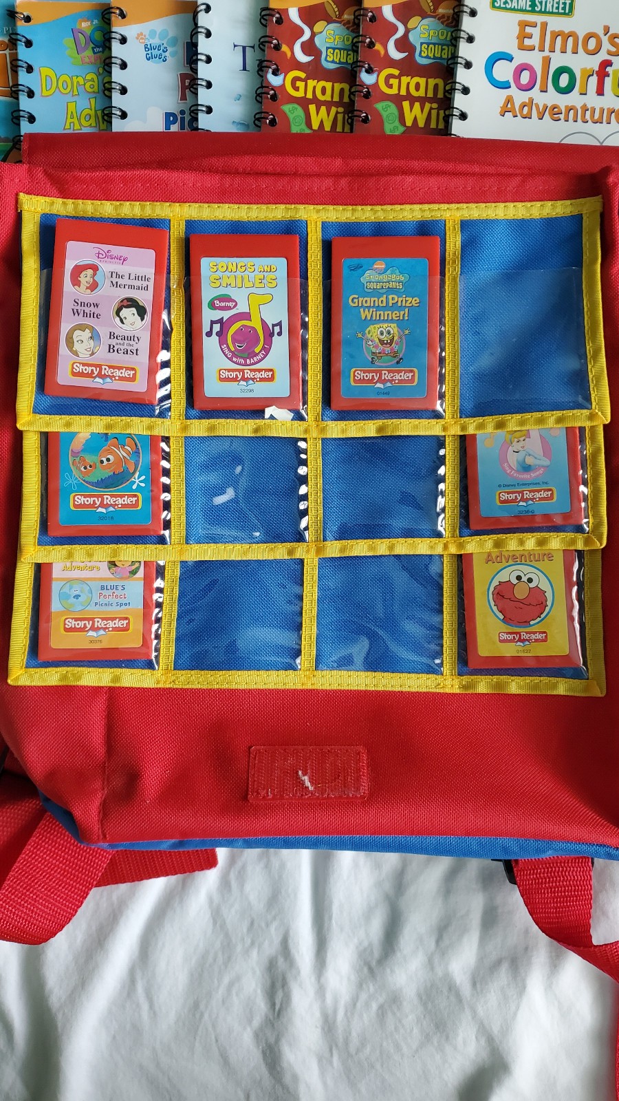Story Reader System Lot-14 Books-7 Cartridges-Backback-Disney, SpongBob More