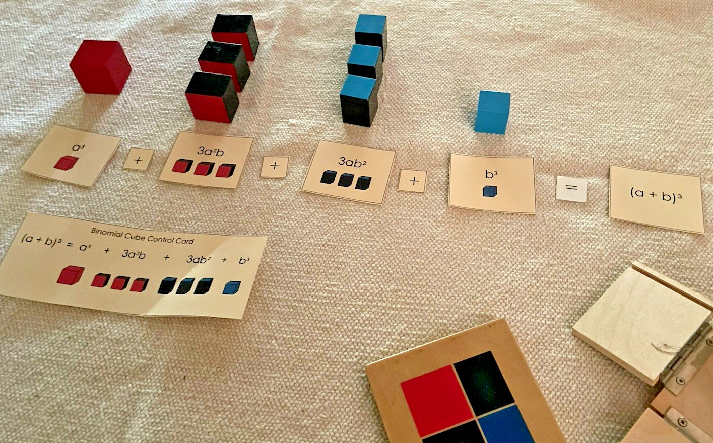 Montessori Binomial Cube w/ Equation and Control Cards for Math/Sensorial Shelf