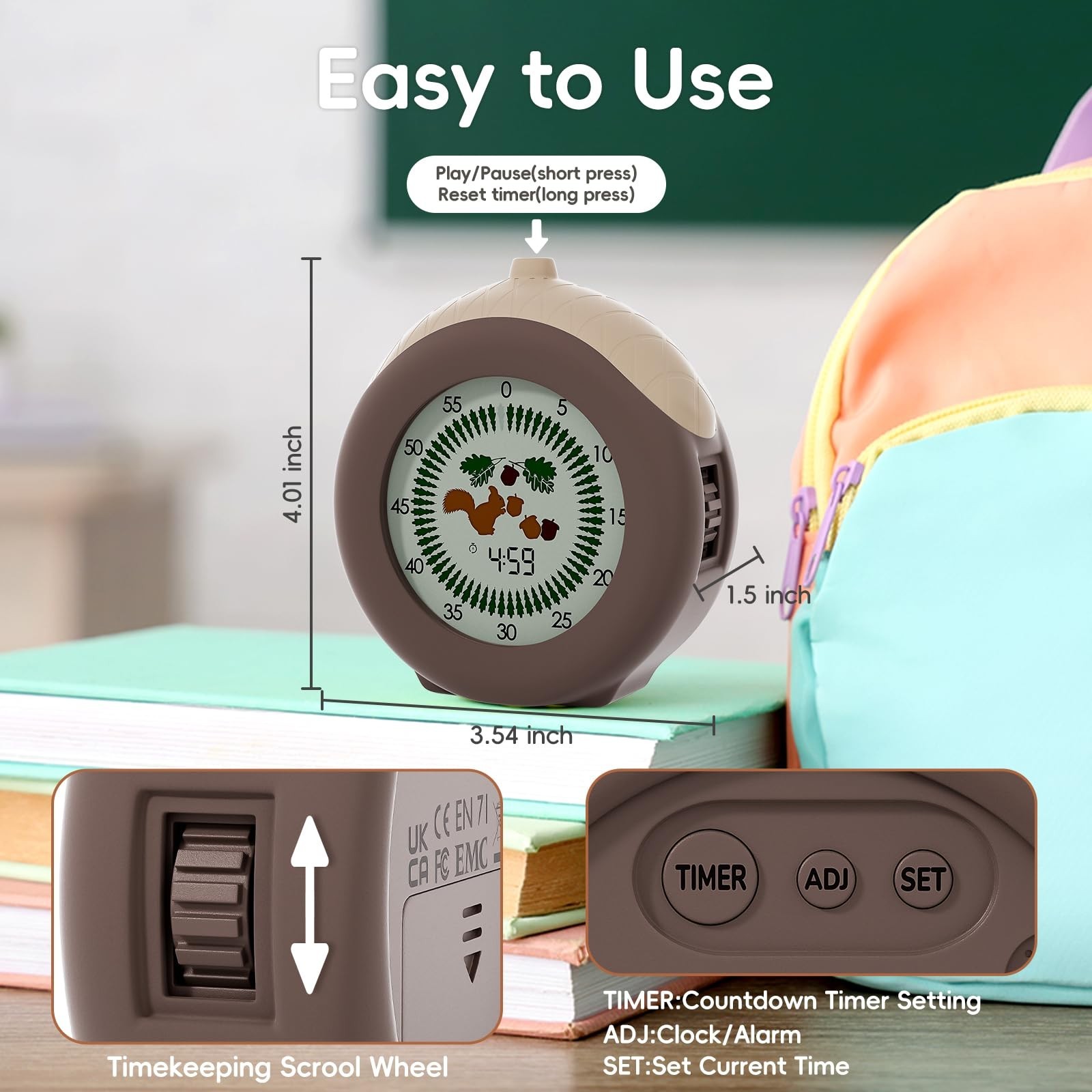 Visual Timer for Kids, 299 Minute Cute Squirrel Timer, Digital Timer with Pau…