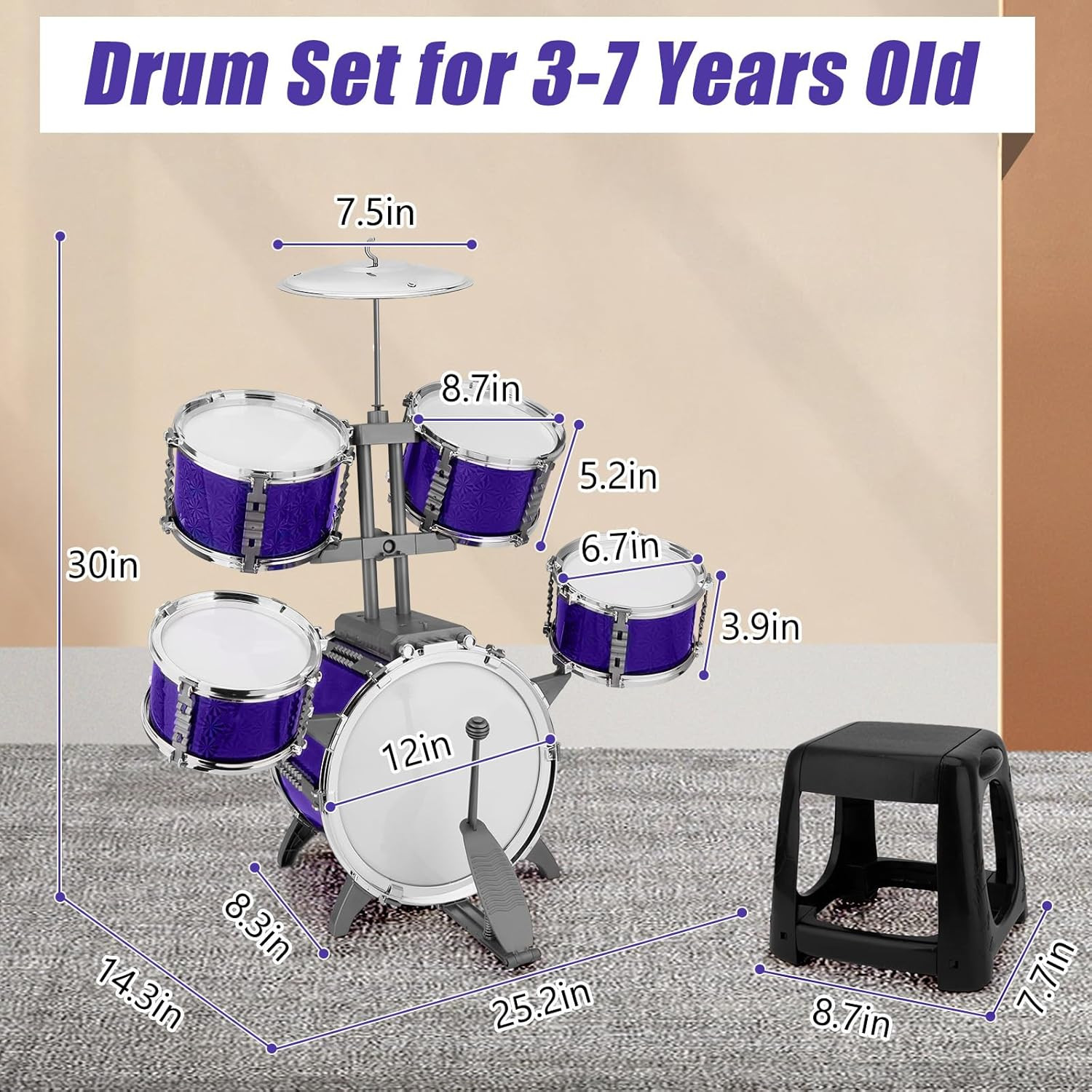 Kids Drum Set Jazz Drum Rock Kit Toys for 3 4 5 6 7 Year Old – 5 Piece Toddler B