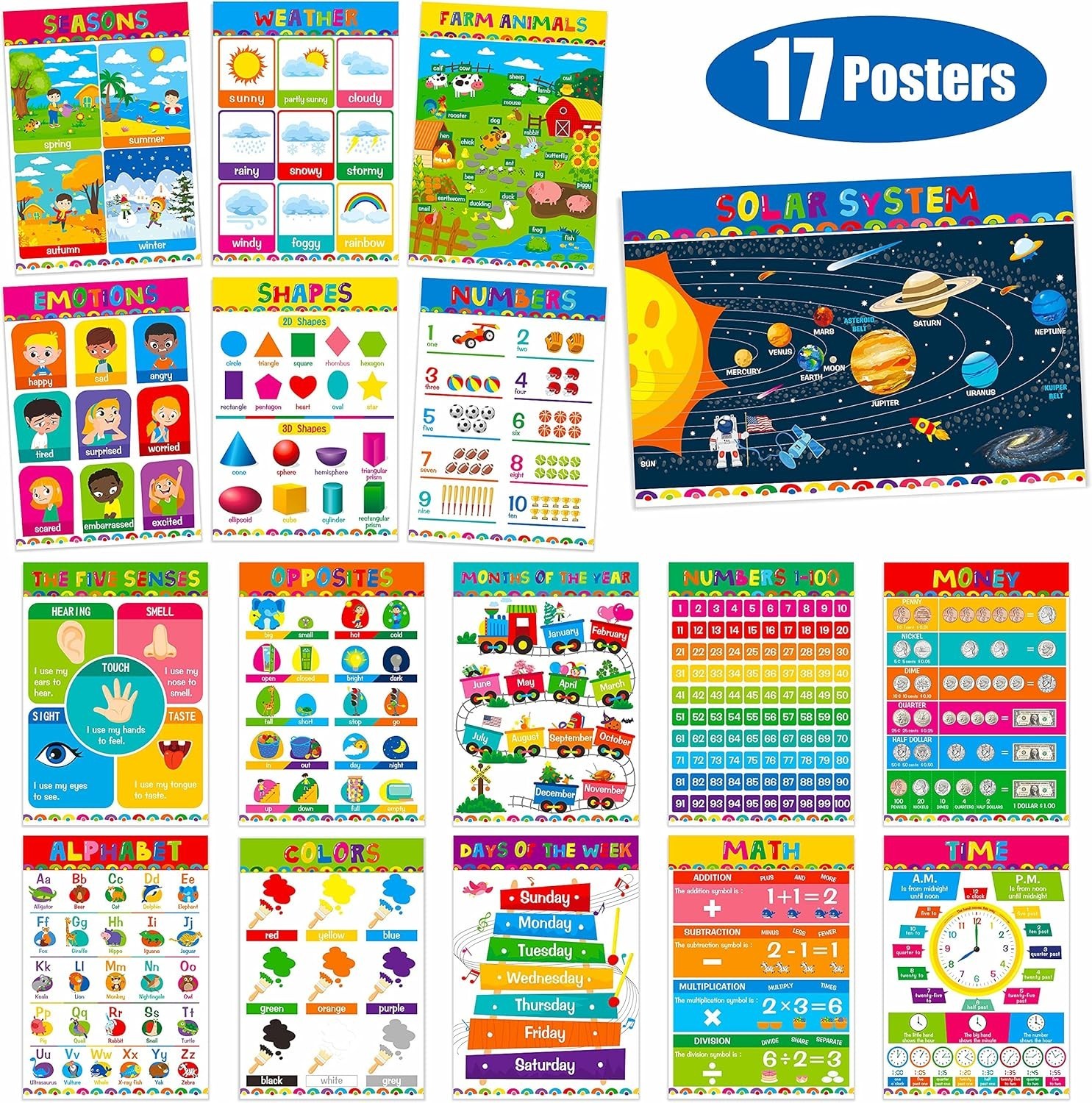 17 Packs Educational Poster, PET Film Covered Preschool Learning Tools for Nu…