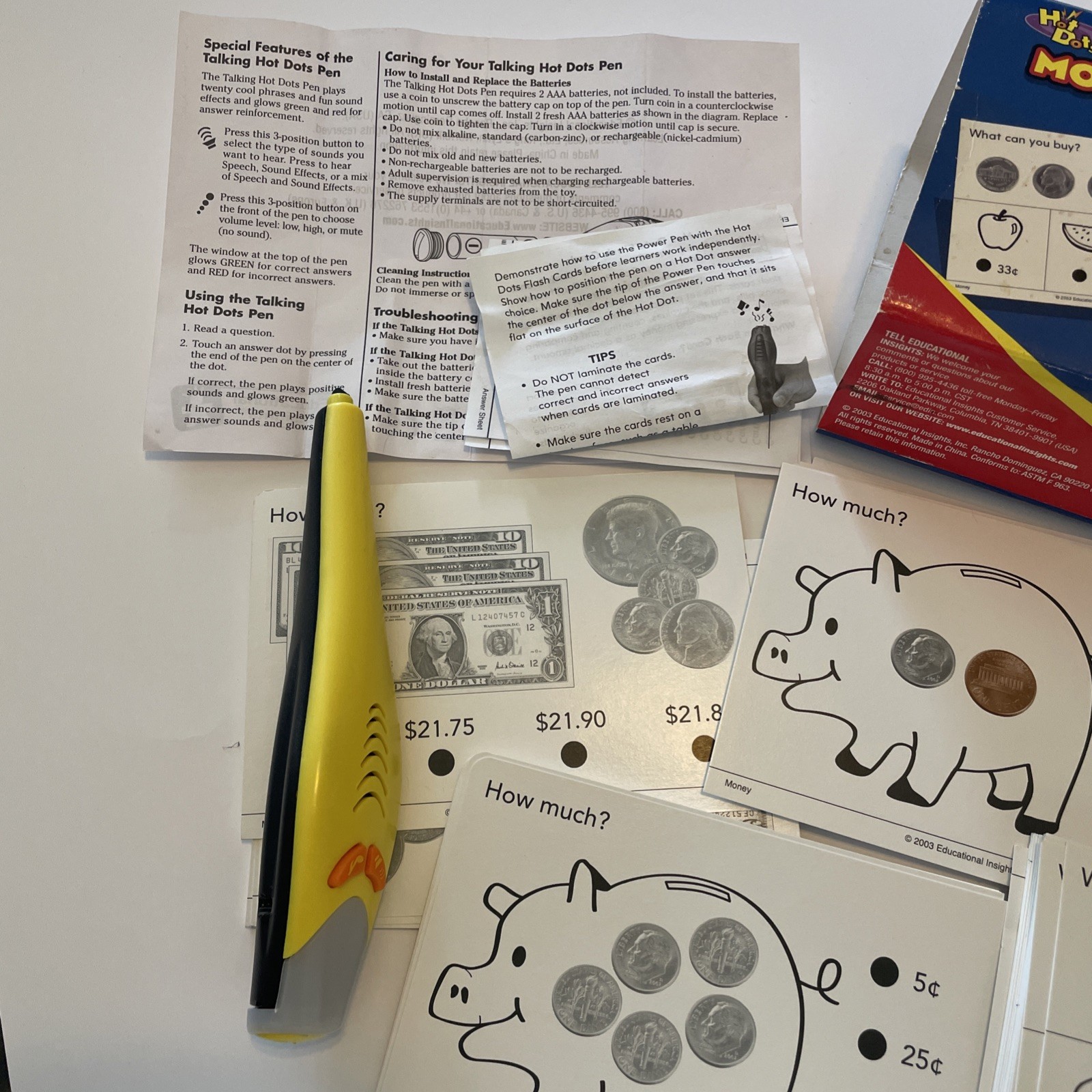 Hot Dots Flash Cards & Power Pen. Learn Money. Age 6+, Grades 1+. Vintage.