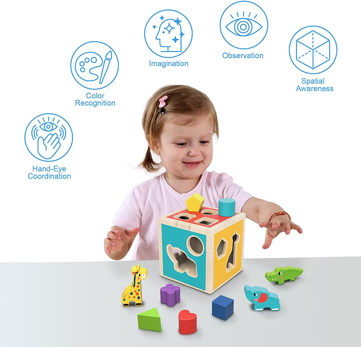 TOOKYLAND Wooden Shape Sorting Cube – Toy with Animal and Geometric Blocks, 12m+
