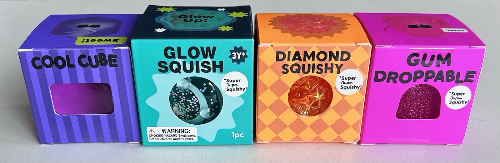 RARE J’adore Super Duper Squishy 4-Pack Diamond, Glow, Cube, Gum Droppable