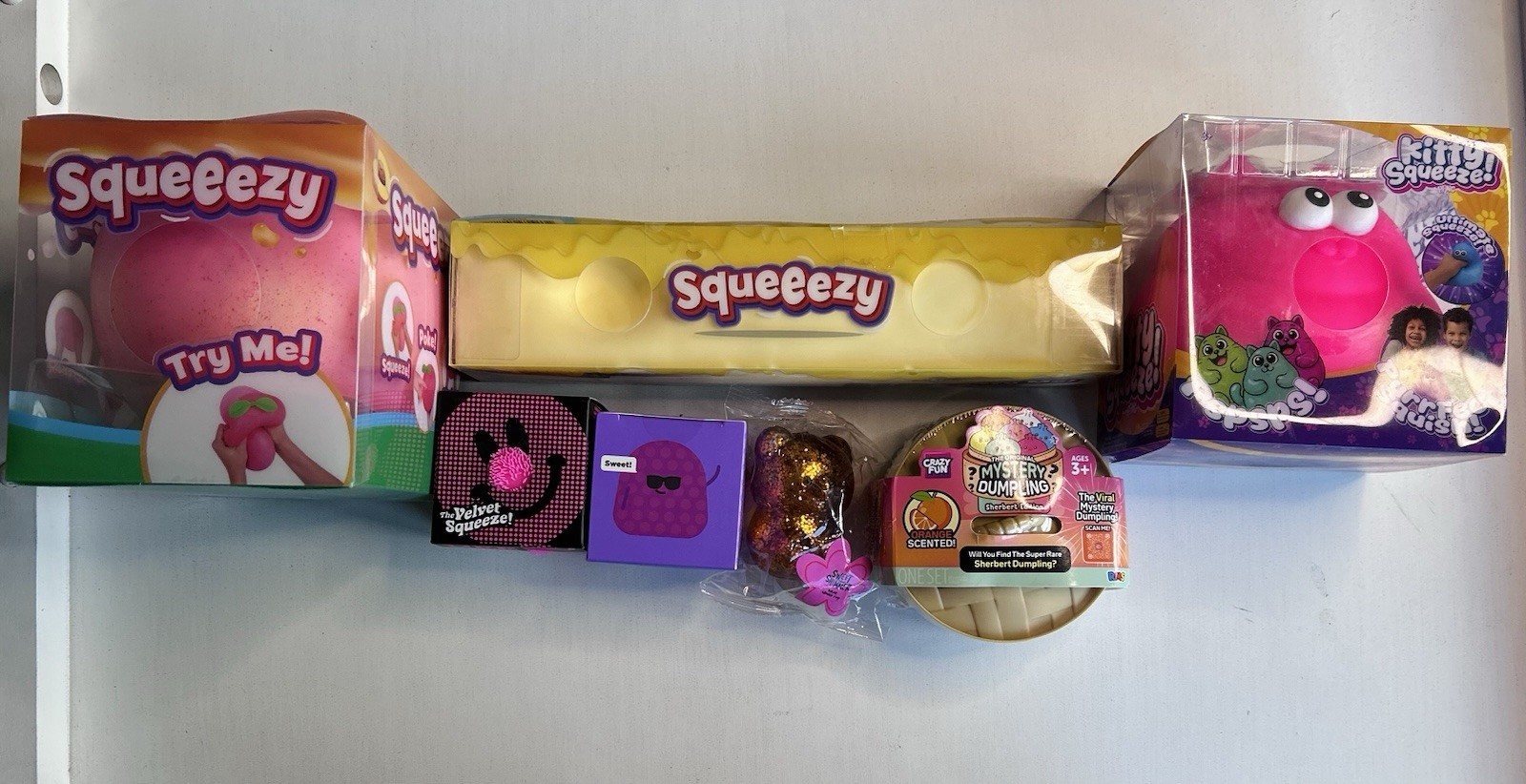 Rare 7pc Squishy Lot Sherbet Dumpling J’adore NeeDoh FuzzBall Kitty + More