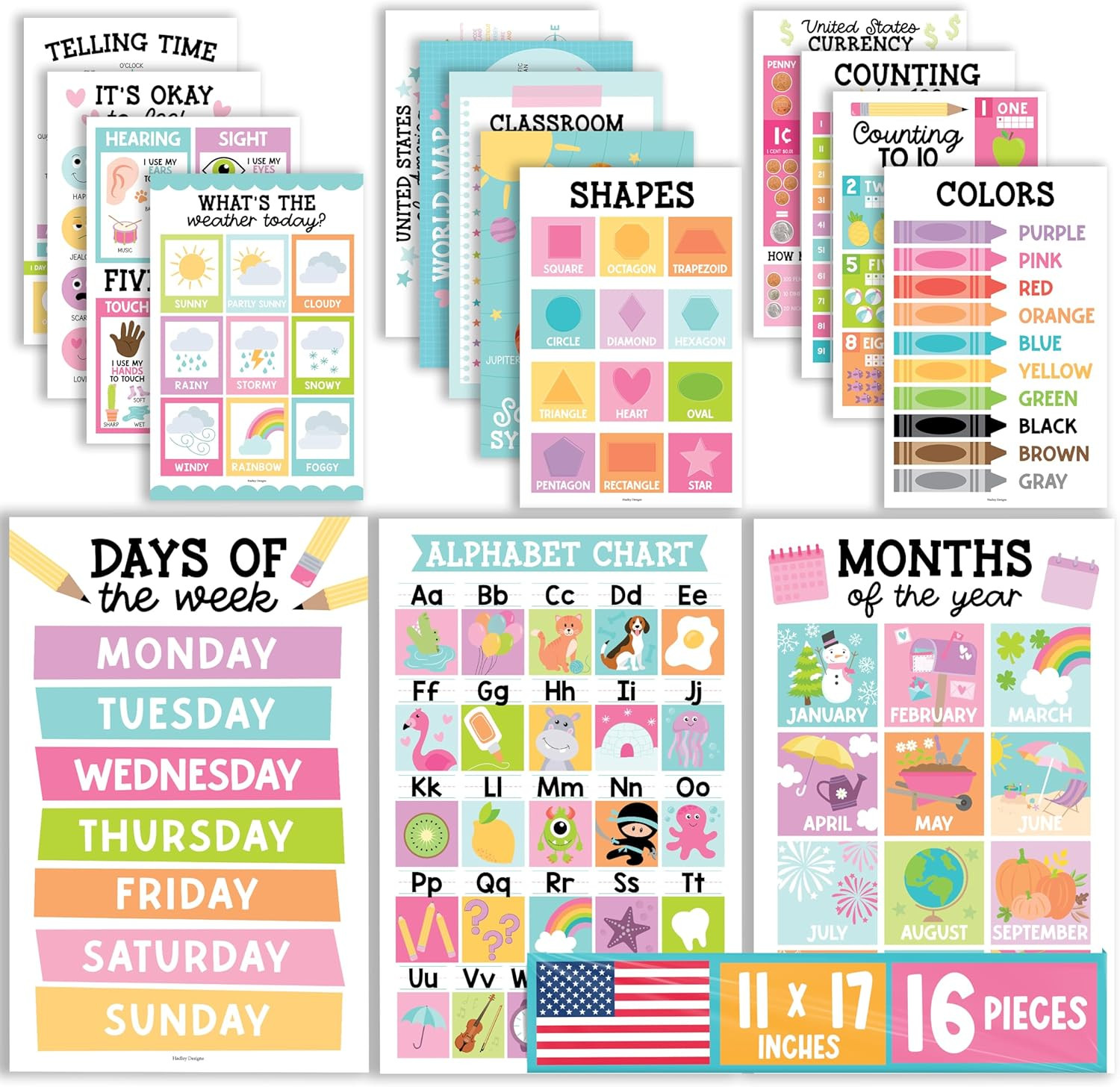 16 Educational Posters for Classroom Must Haves – Laminated Pre-K Posters for To