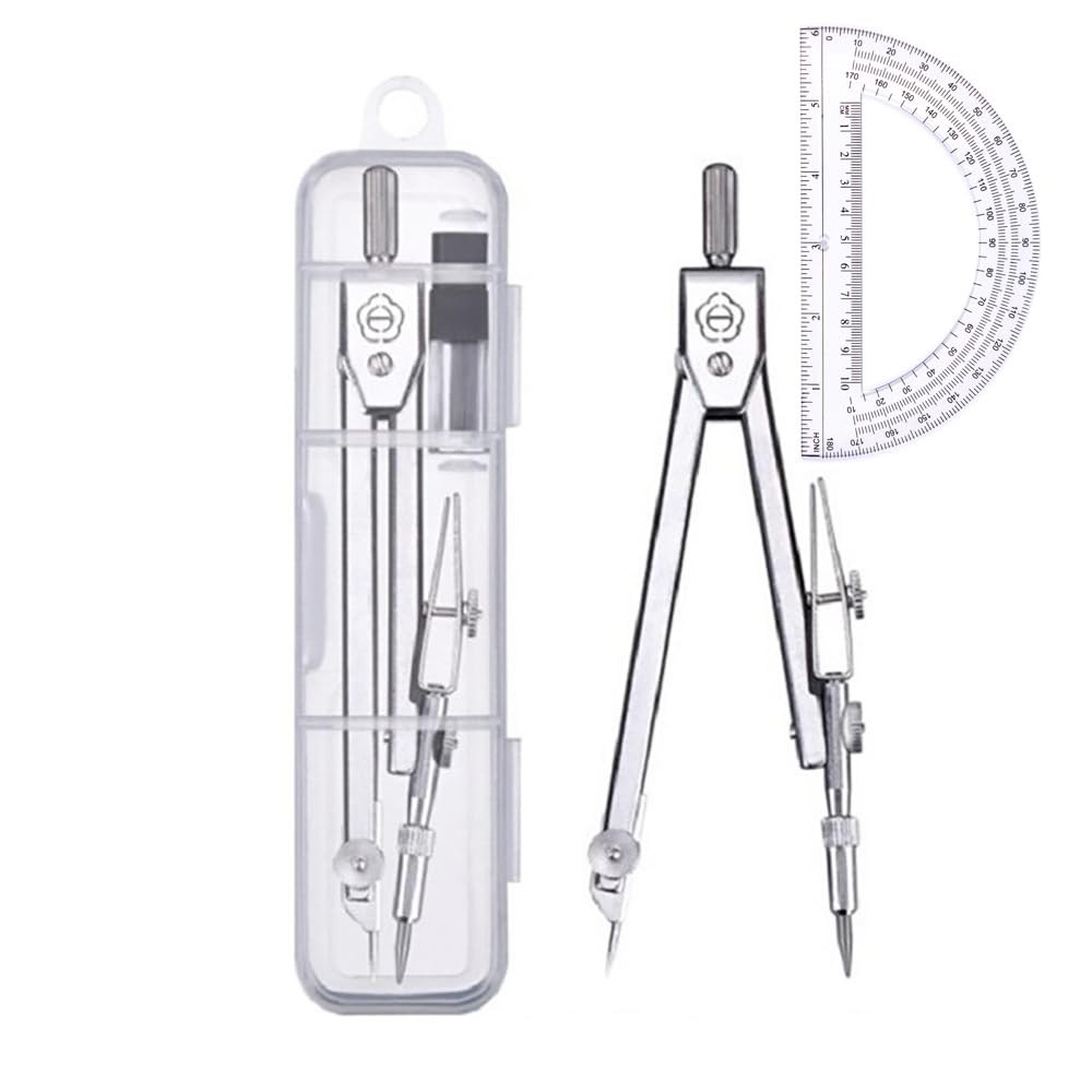 Protractor and Compass Set Silver Geometry Drawing Math School Tool Kit Supplies