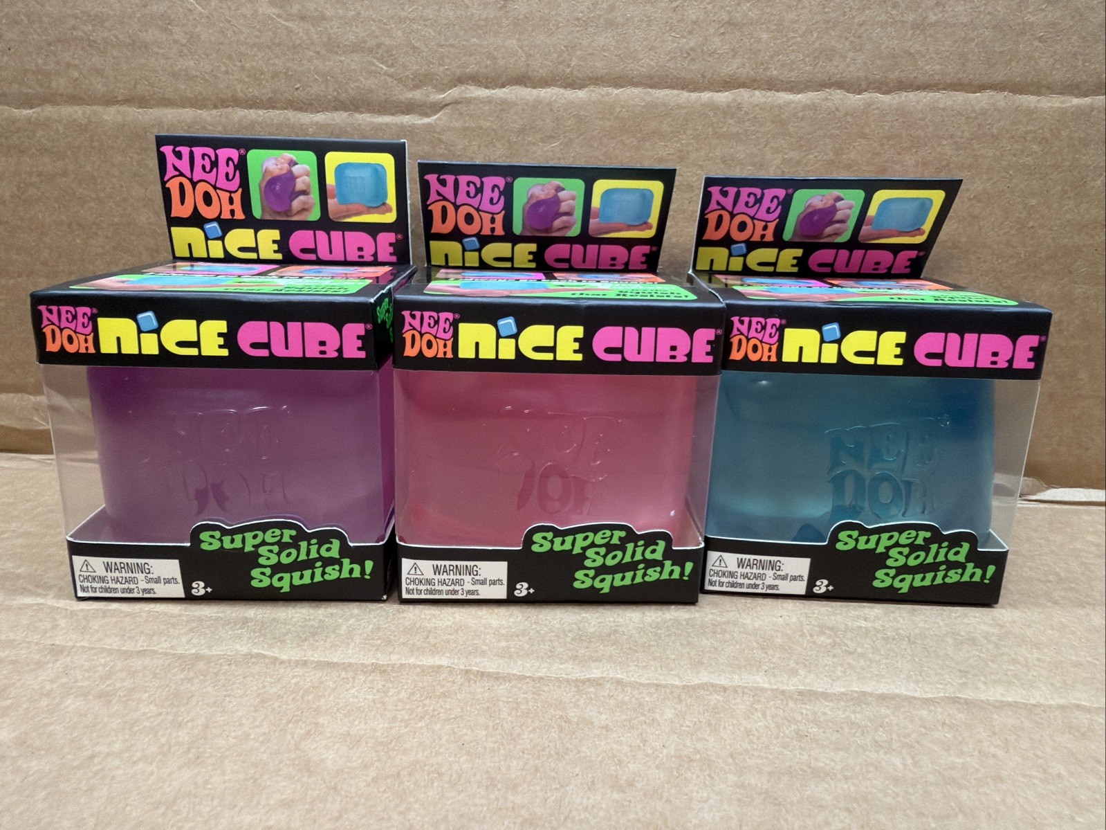 NeeDoh Nice Cube Super Solid Squish! Blue Pink Purple Lot Of 3 New In Boxes