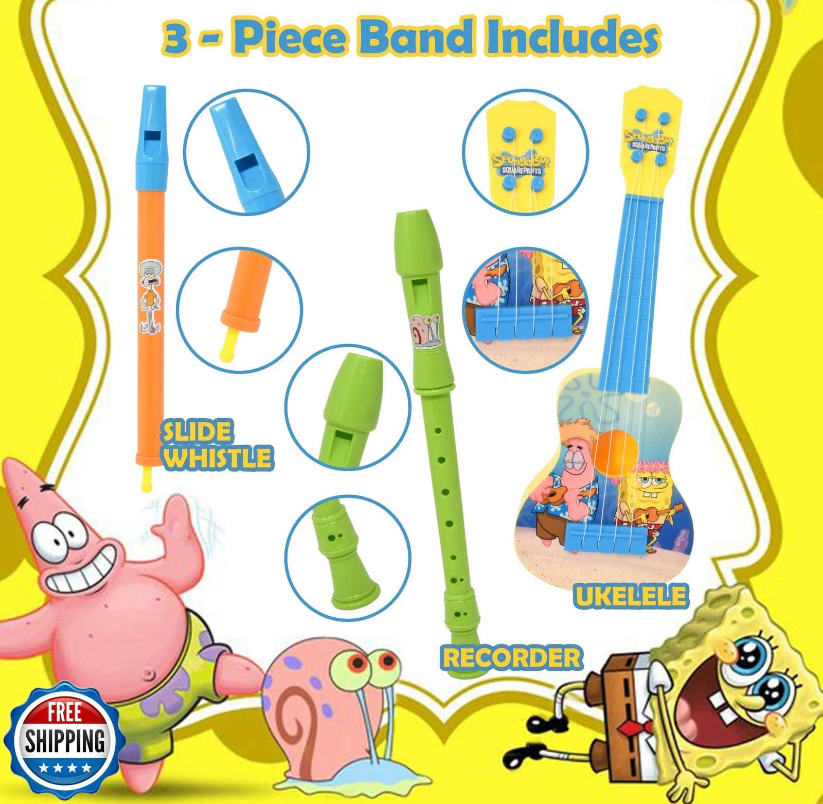SpongeBob SquarePants 3 Piece Musical Band Toy Set for Kids Ukulele Flute Rec…