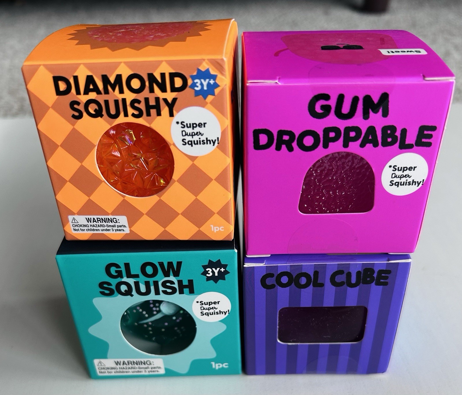 RARE J’adore Super Duper Squishy 4-Pack Diamond, Glow, Cube, Gum Droppable