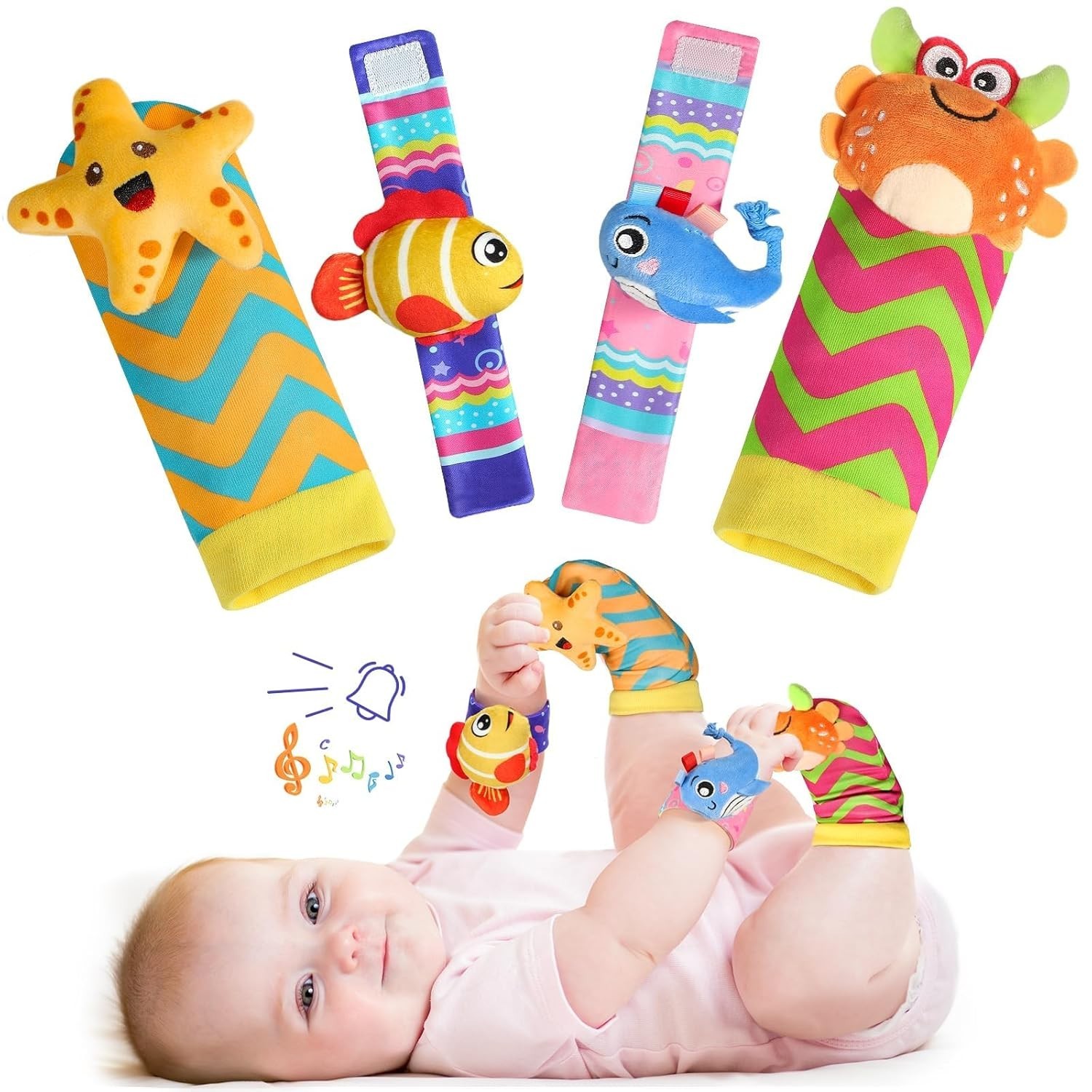 URMYWO Baby Wrist Rattles & Foot Finder Socks Sensory Toy Set Newborn 0-12M