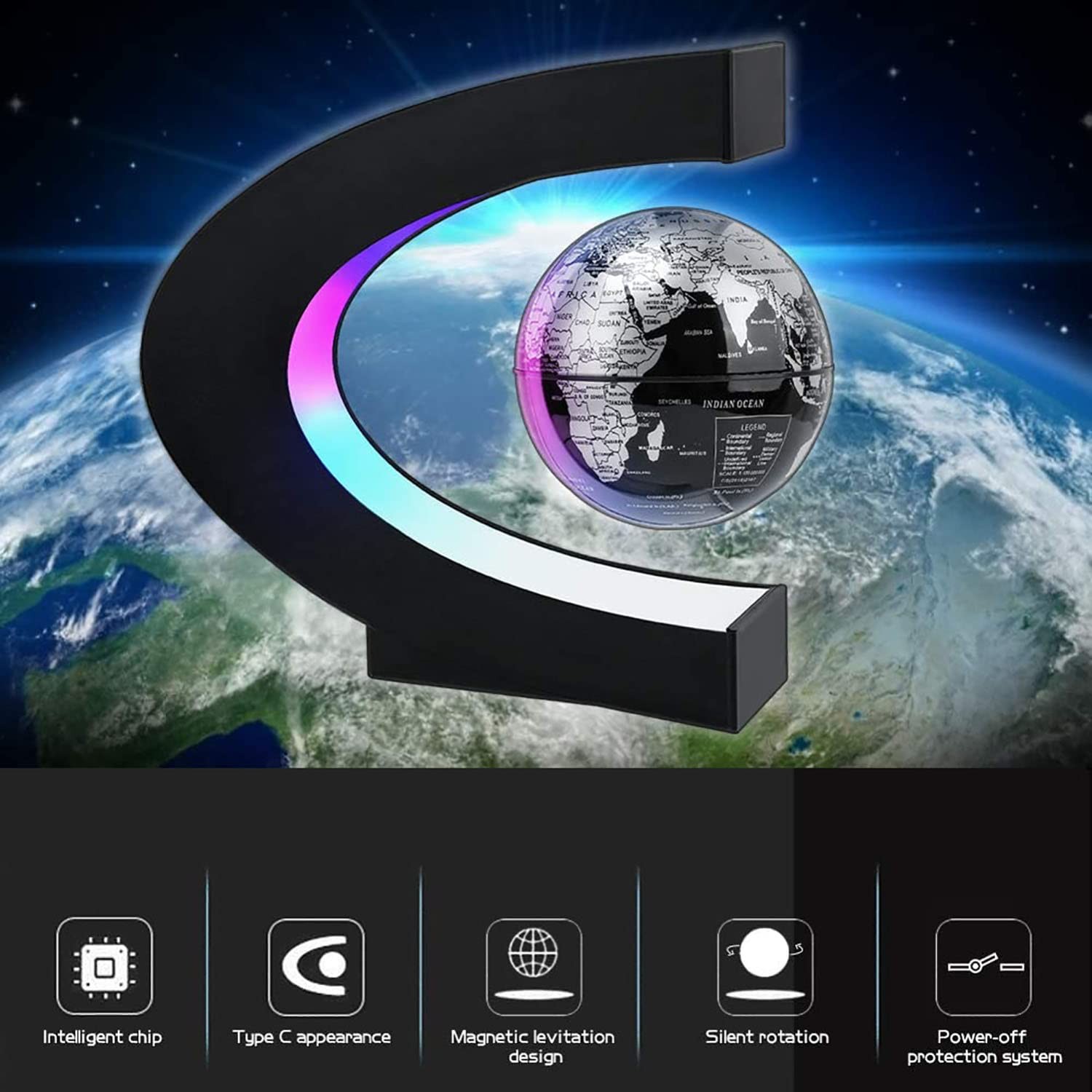 RTOSY Magnetic Levitation Floating Globe with LED Light, Desk Gadget silver