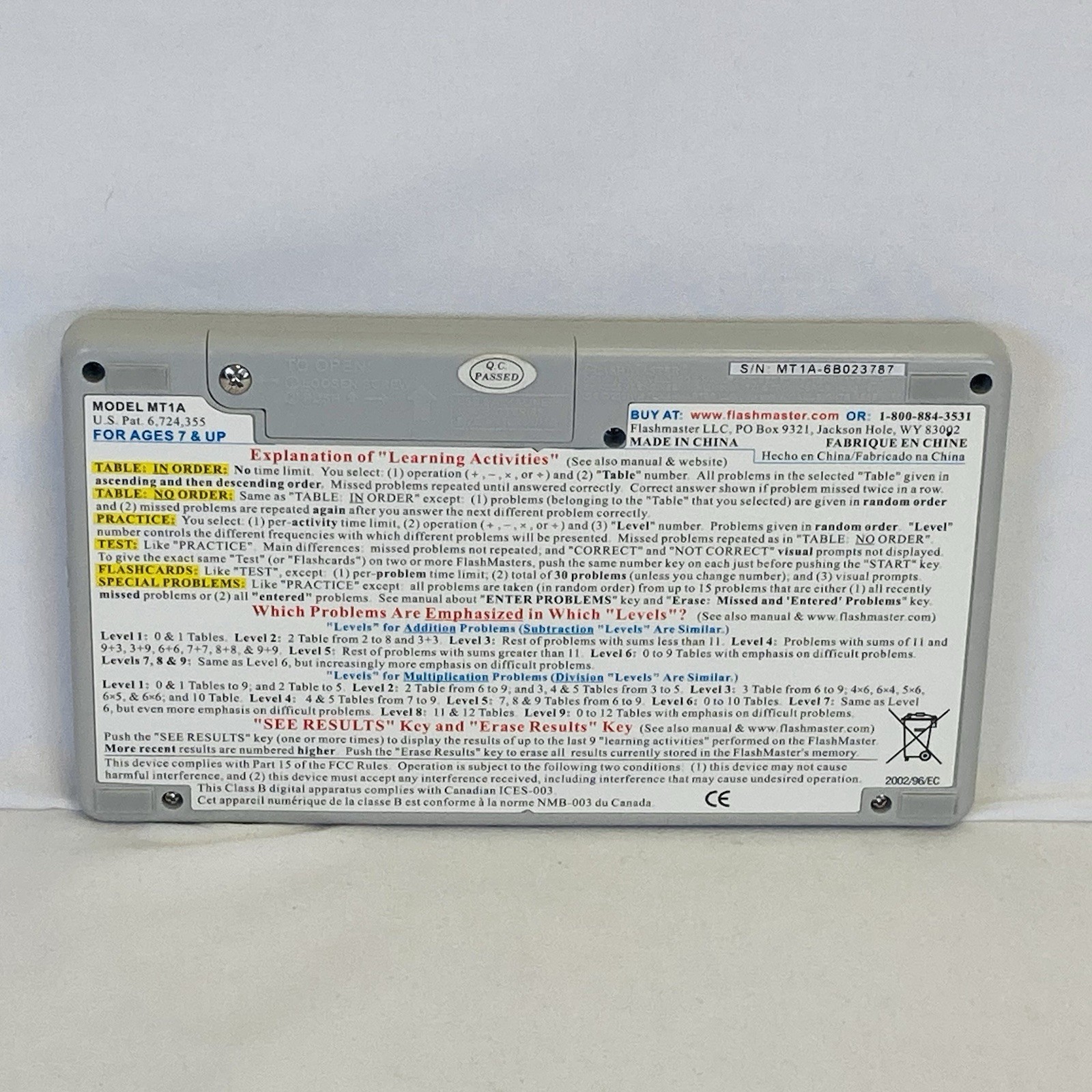 FlashMaster MT1A Electronic Learning Tool Math Tables With Instruction Manual