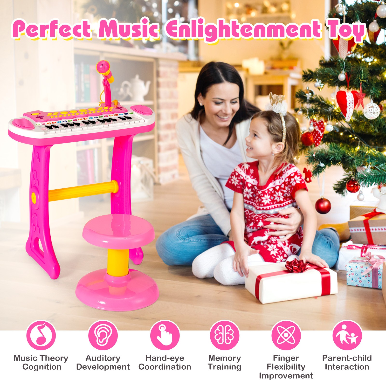 31 Key Kids Piano Keyboard Toy Toddler Musical Instrument w/ Microphone Pink