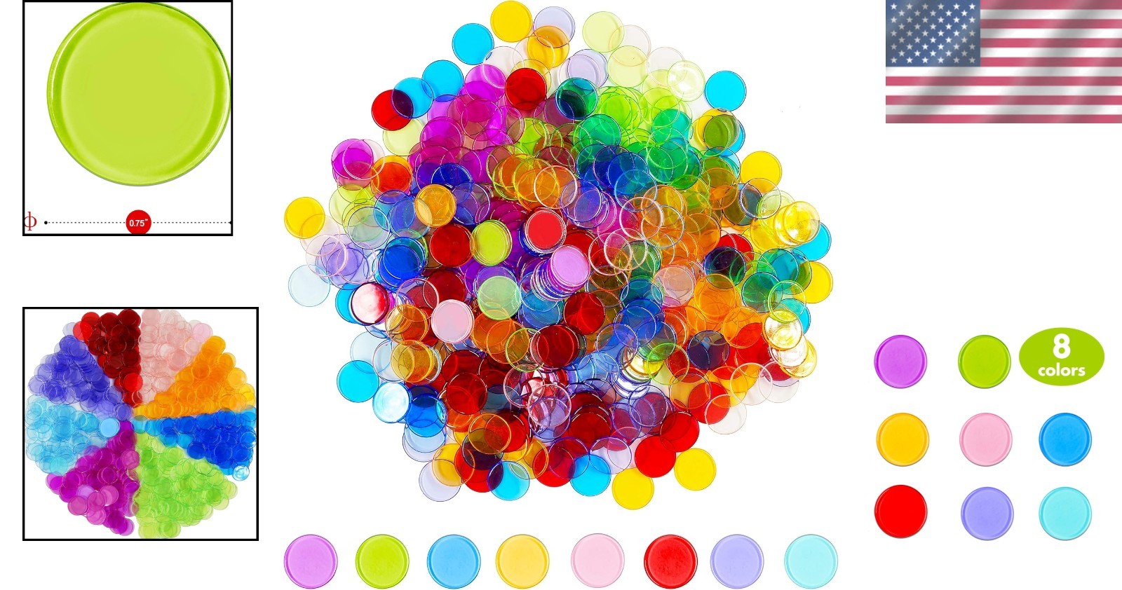 8 Color Bingo Chips Set of 250 Transparent Markers for Early Math Learning