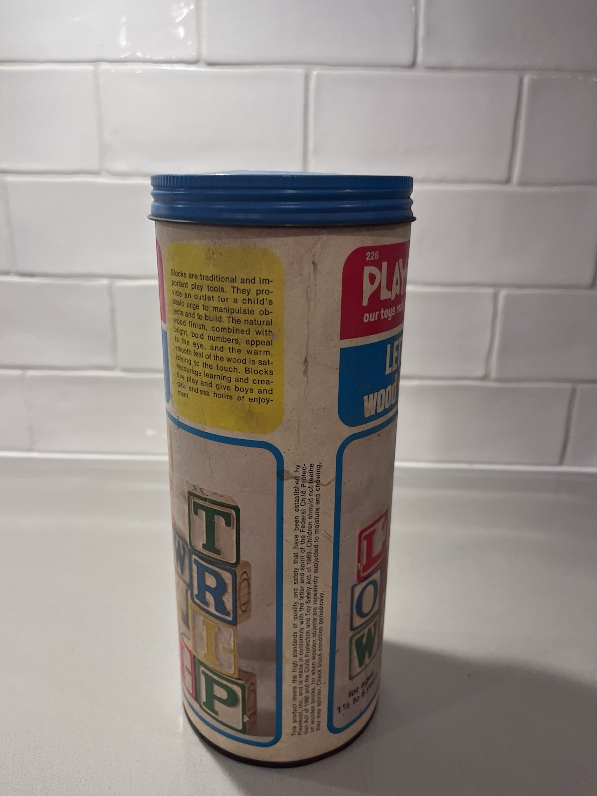 Playskool Letter Wood Blocks Set in Original Canister Blue Lid MPN 226