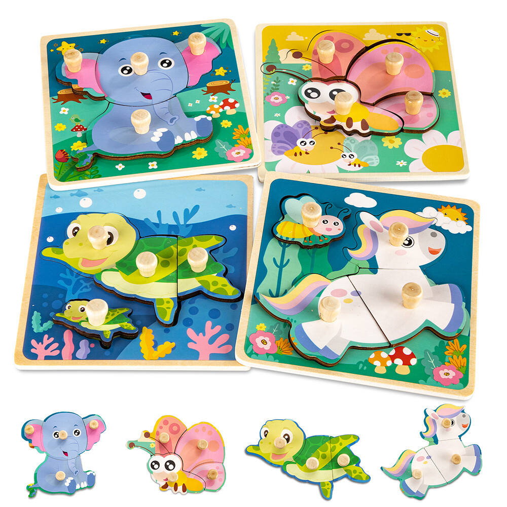 4 x Wooden Puzzles for Toddlers, Wooden Animal Shape Learning Educational Puzzle