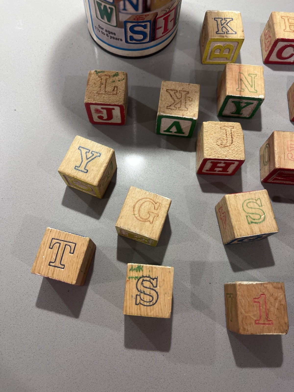 Playskool Letter Wood Blocks Set in Original Canister Blue Lid MPN 226