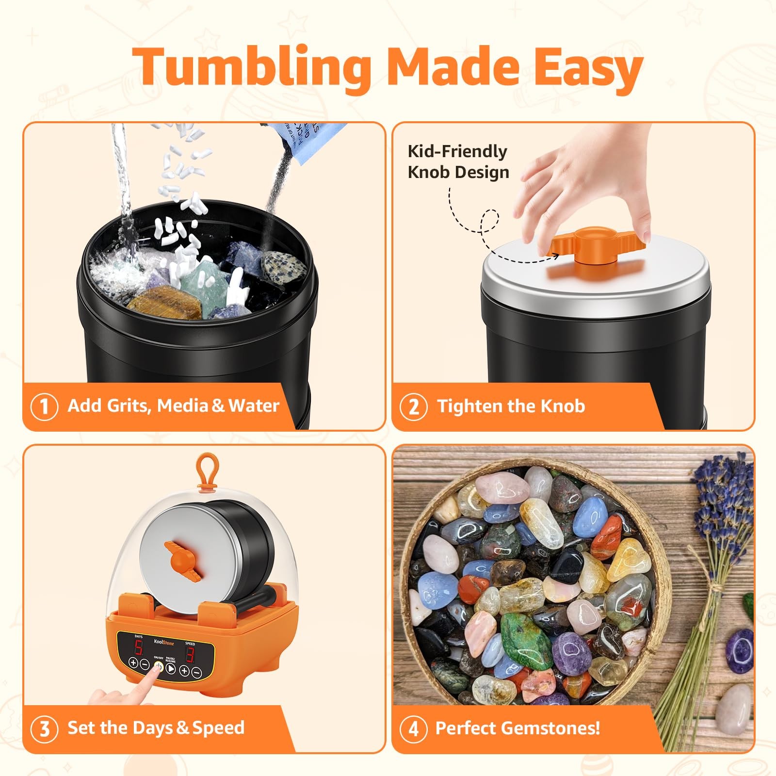 Koolstone C5 Starter Rock Tumbler Kit – Durable Leak-Proof Rock Polisher –