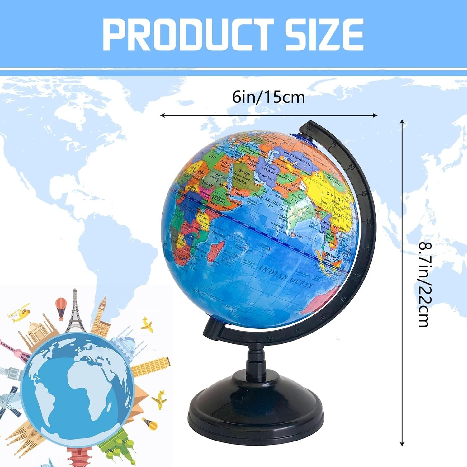 6” Geographic World Globe for Kids,Educational World Globe with Stand,Decora…