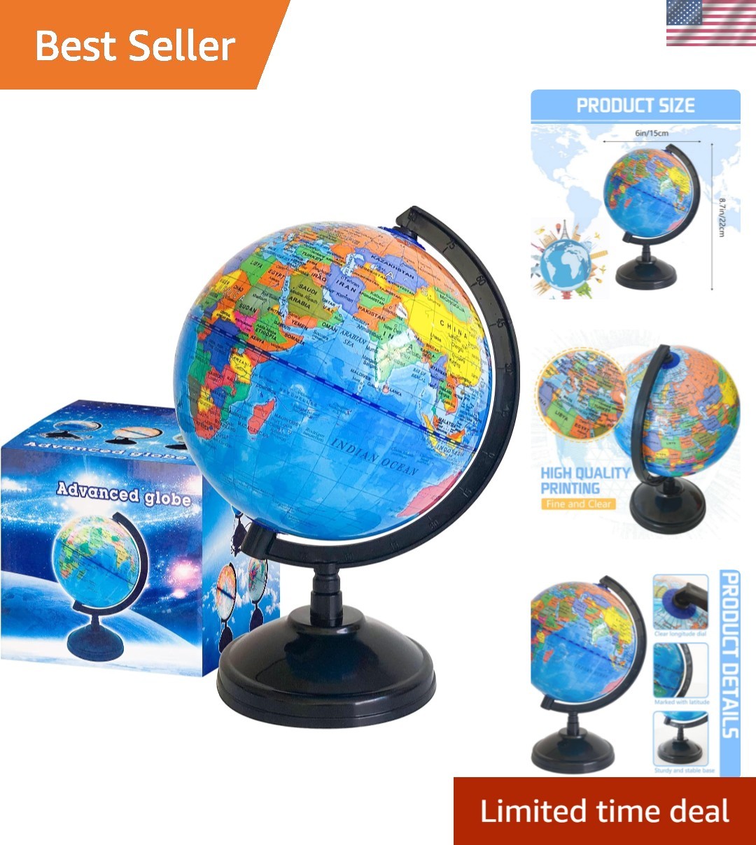 6” Geographic World Globe for Kids,Educational World Globe with Stand,Decora…