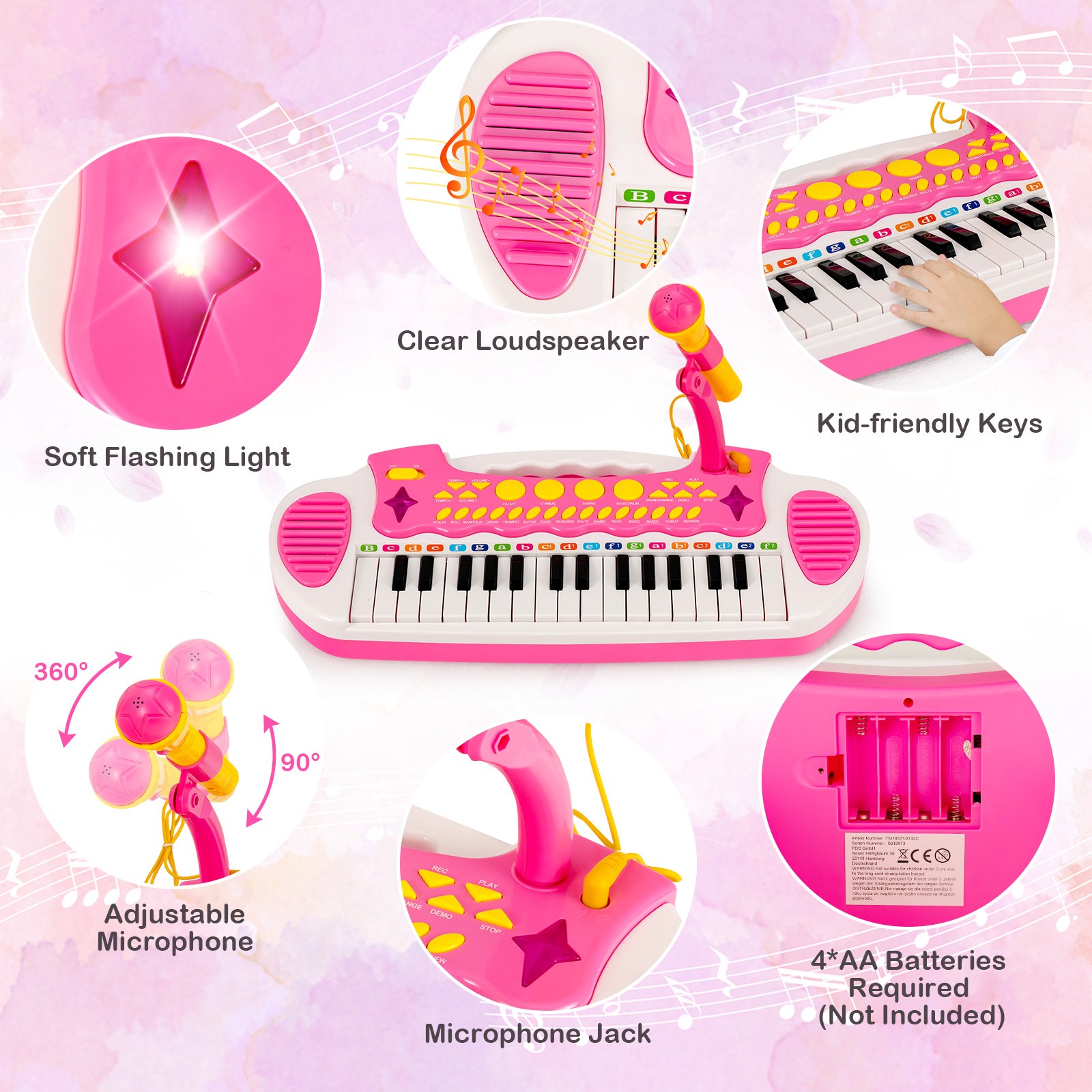 31-Key Kids Piano Stool Set w/ 8 Tones&4 Percussion Instruments &7 Rhythms Pink