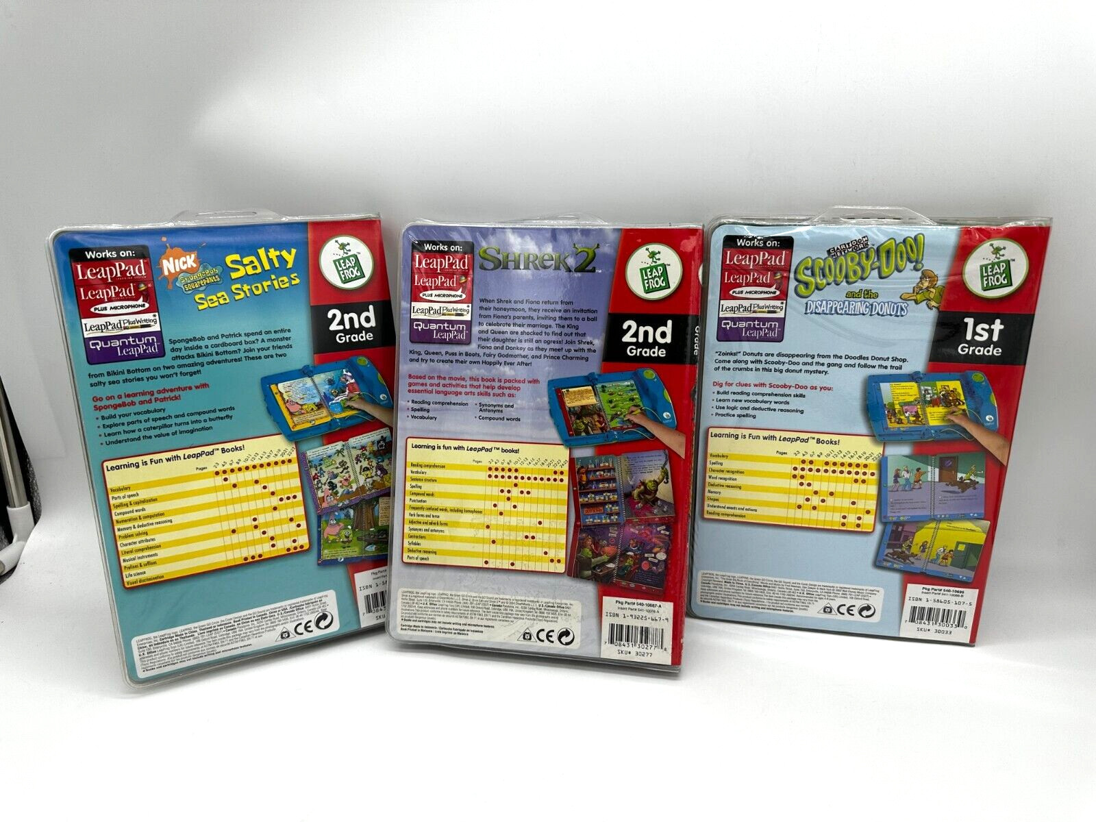 Lot 3 NEW Leap Frog Interactive Book & Cartridge SpongeBob, Scooby-Doo, Shrek 2