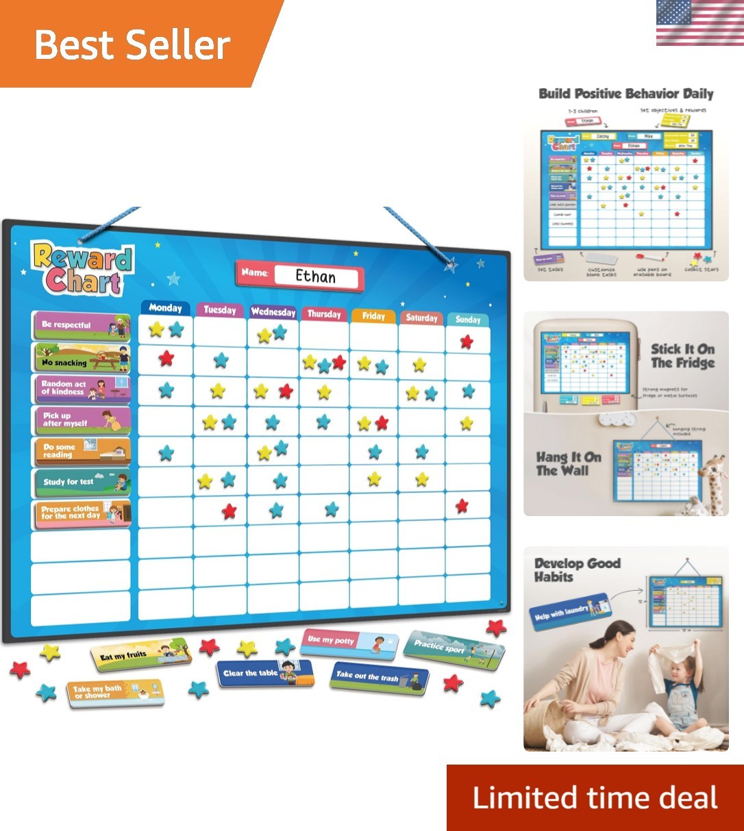 Magnetic Kids Responsibility Reward Chart – Engaging 3D Stars & Chore Tasks -…