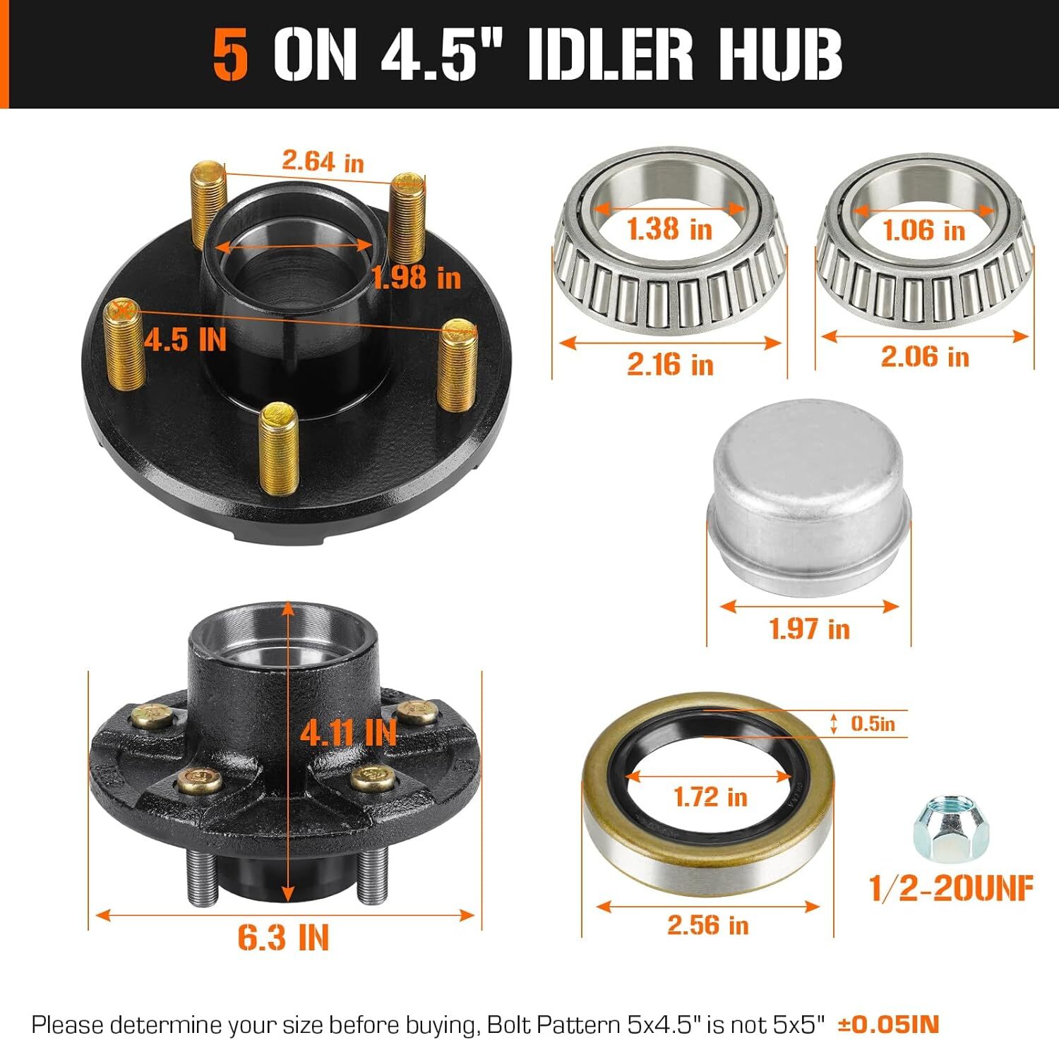 2 Sets 5 on 4.5″ Bolt Circle Trailer Hub 5 Lug Idler Hub Kits for 3,500lbs