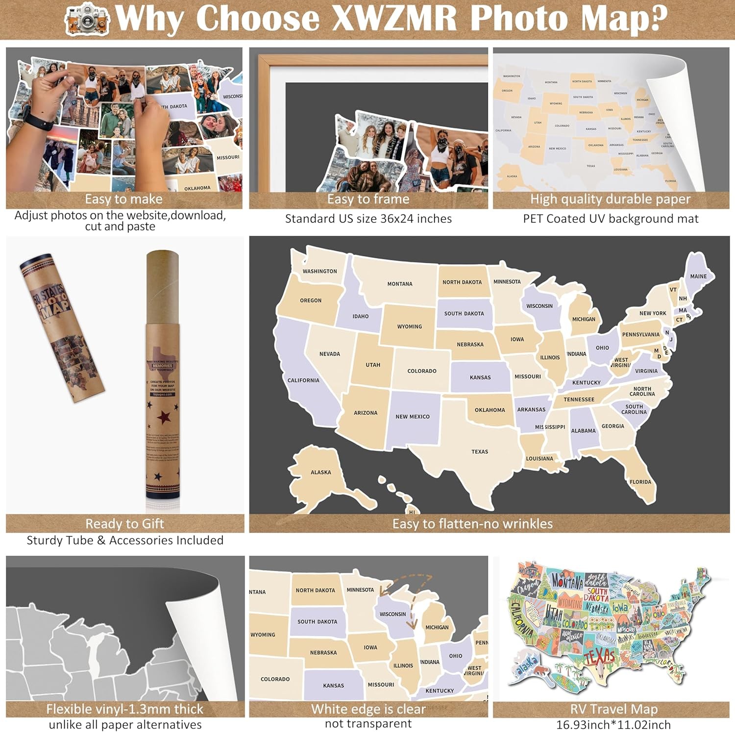 USA Photo Map 24×36 50 States Travel Map US Wall Decor Couples Gift Unframed