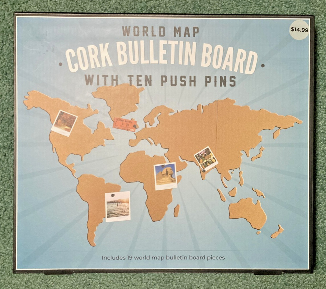 ‘World Map’ Cork Bulletin Board w/10 Push Pins – BRAND NEW IN BOX