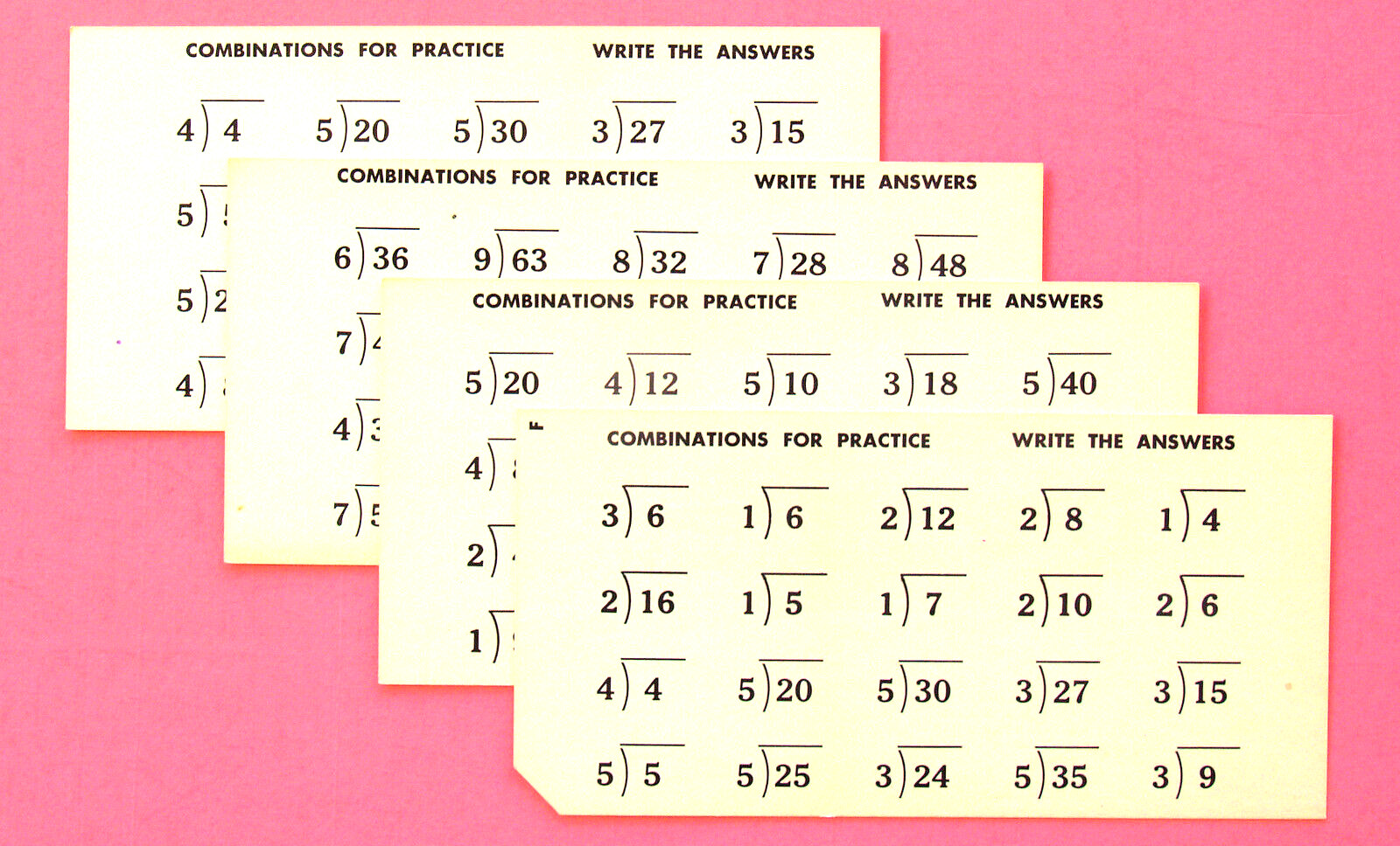 3 MATH FLASH CARDS—SUBTRACT + DIVISION—BASIC FACTS—COLORFUL—STORAGE BOXES