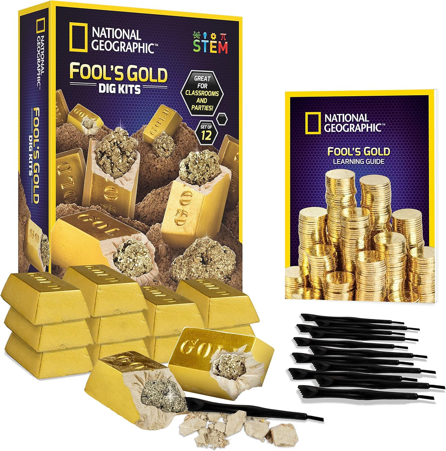 National Geographic Fool’S Gold Dig Kit – 12 Gold Bar Dig Bricks with 2-3 Pyrite