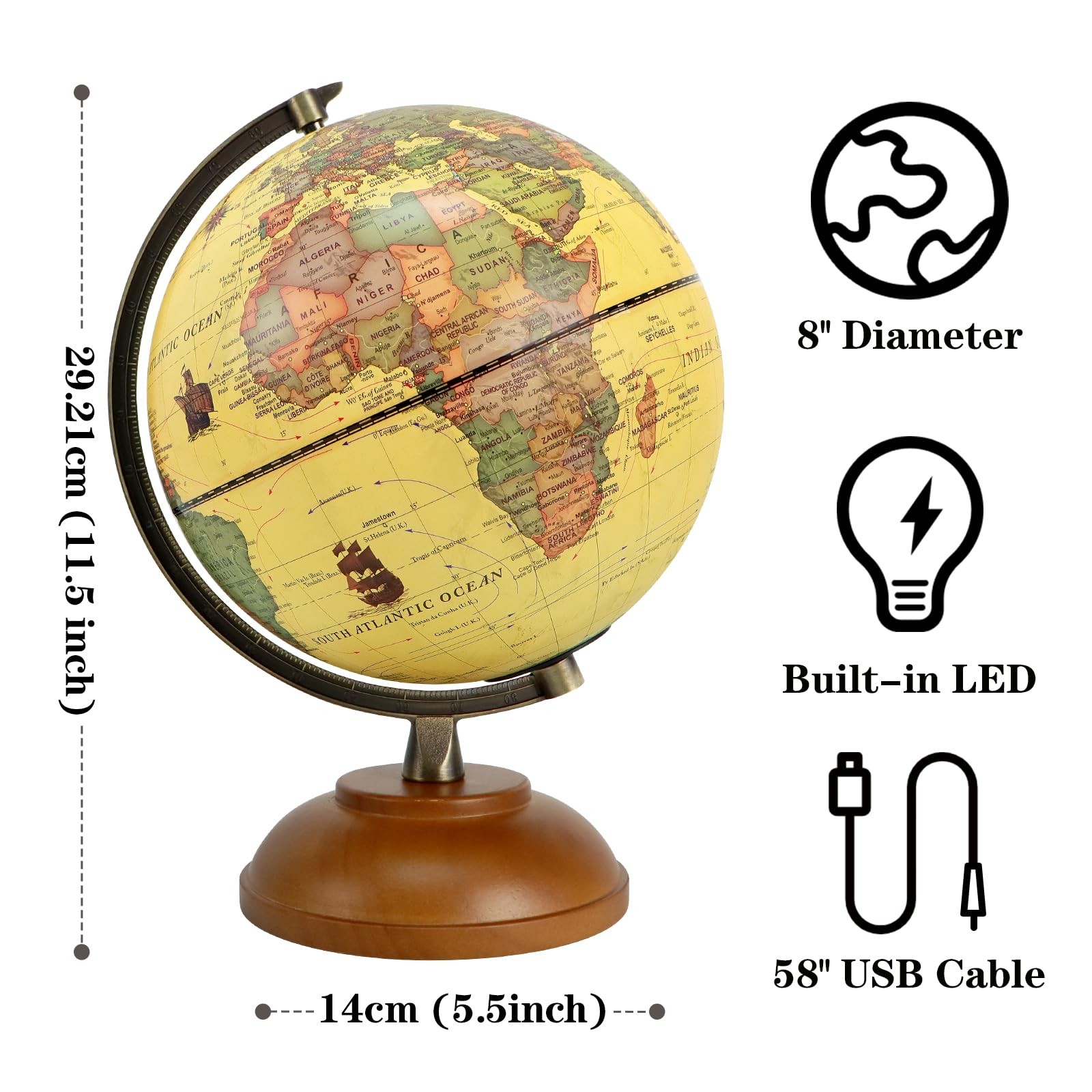 Illuminated World Globe with Wood Stand, 8” Vintage Globes 8 inch