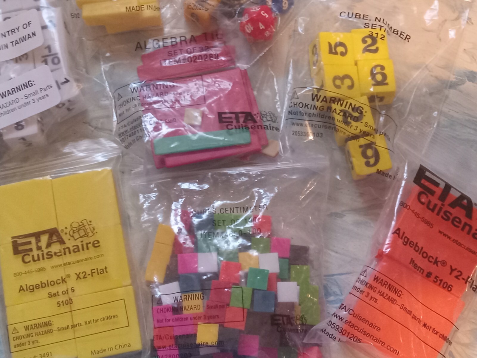 ETA Cuisenaire Math Cubes Lot Of 8 Variety Inc Polyhedral Dice, Algeblocks, More