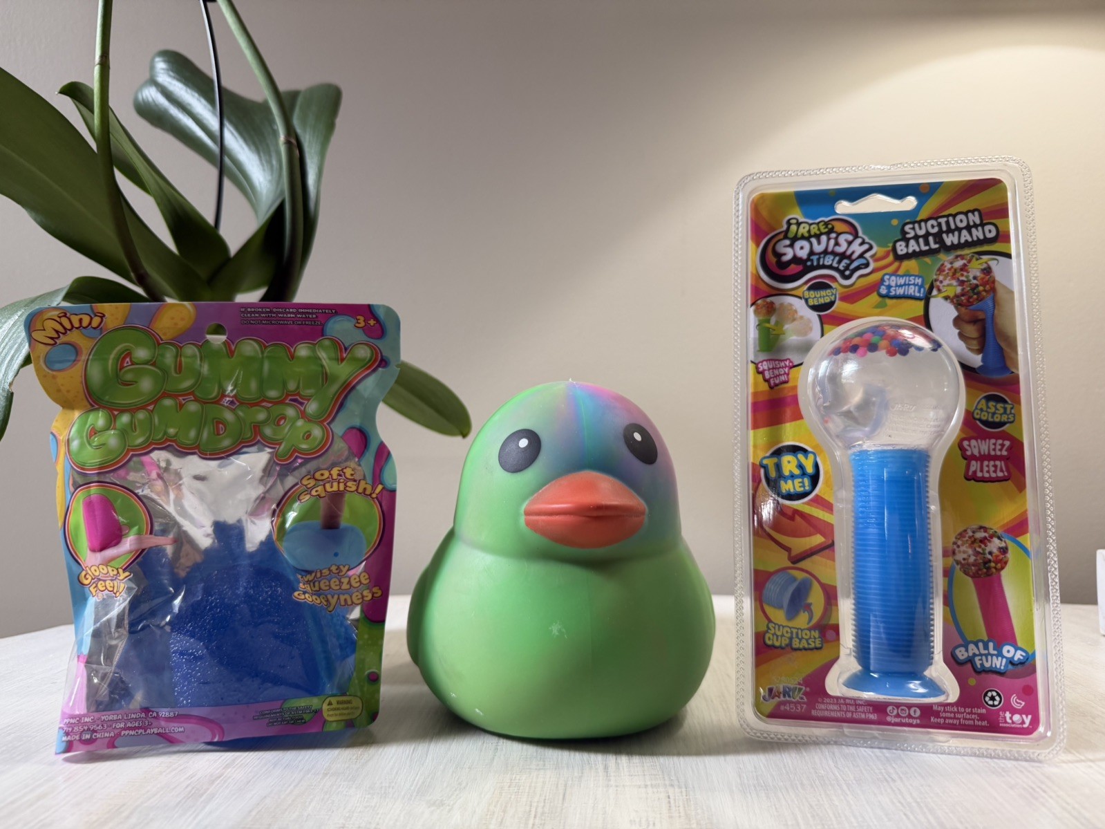 Lot of 3 Squishy items! Tie Dye Duck, Gummy Gum Drop & Squishy Ball Wand🔥