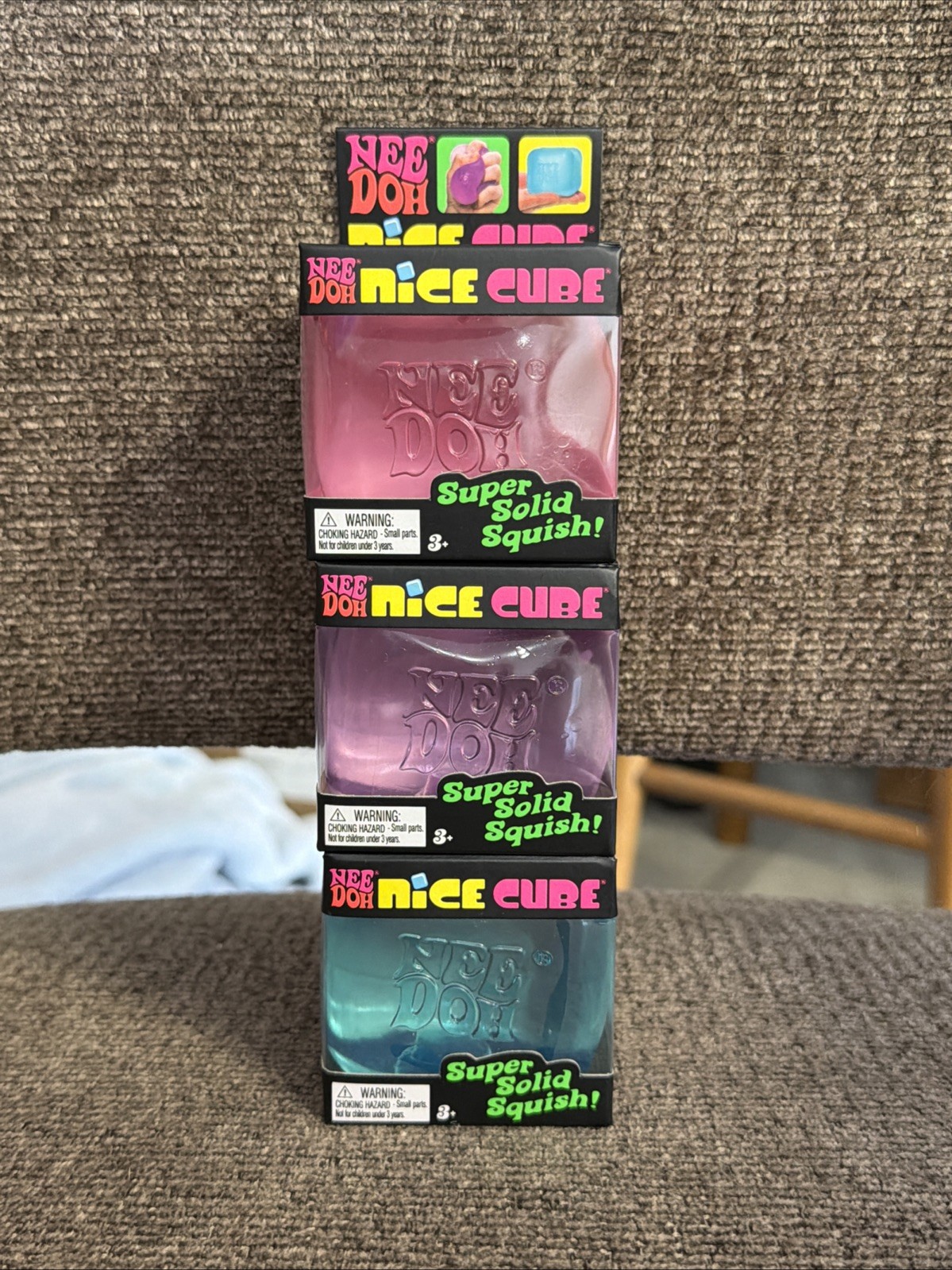 3x Nee Doh Nice Cube Pink Purple Blue Solid Squish Fidget Toy NIB Schylling