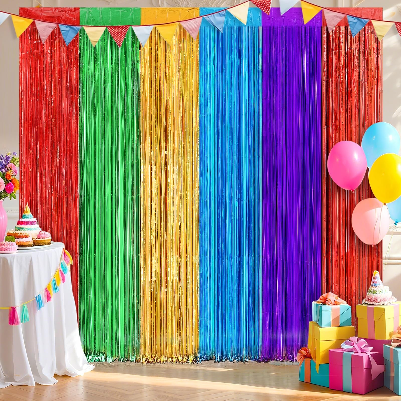 2 Pack Rainbow Foil Fringe Curtains, 3.3ft x 6.6ft Mexican Style Rainbow Stre…