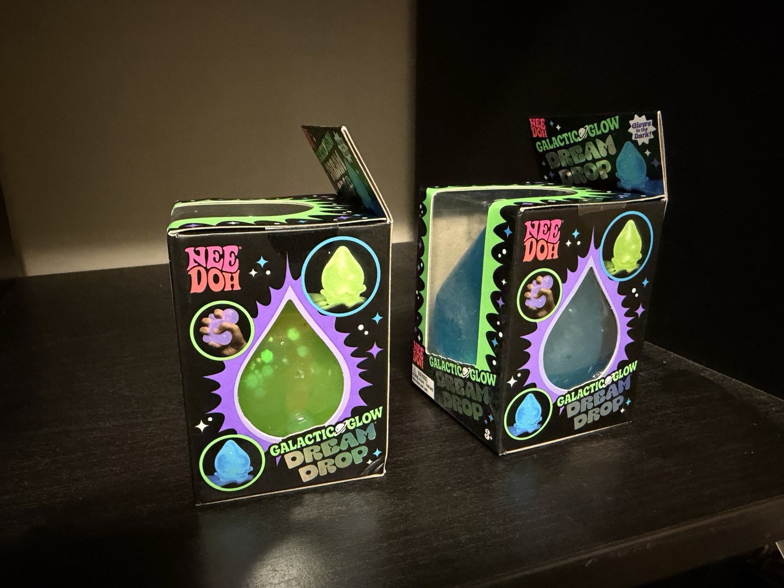 Needoh Galactic Glow Dream Drops Pair of 2 Green and Blue Authentic Brand New