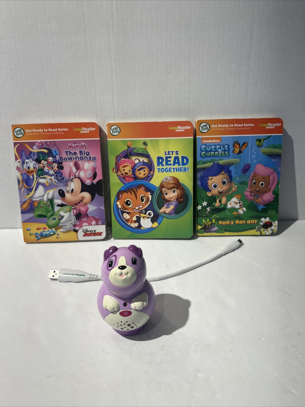 Leap Reader Junior Purple Puppy Reader Learn To Read Lot Books/Power Cord Works.