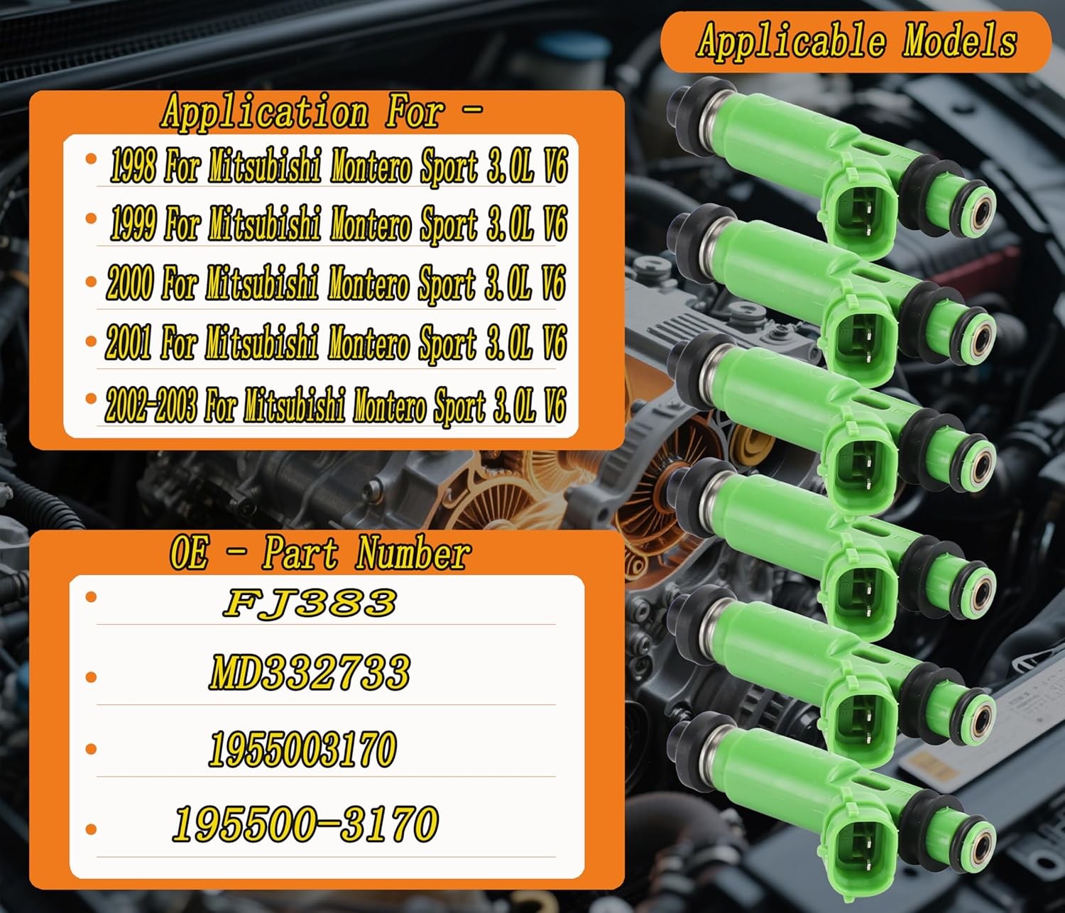 Set of 6PCS 4 Holes Disc Fuel Injectors 1998-2003 Replacement For Mitsubishi Mon