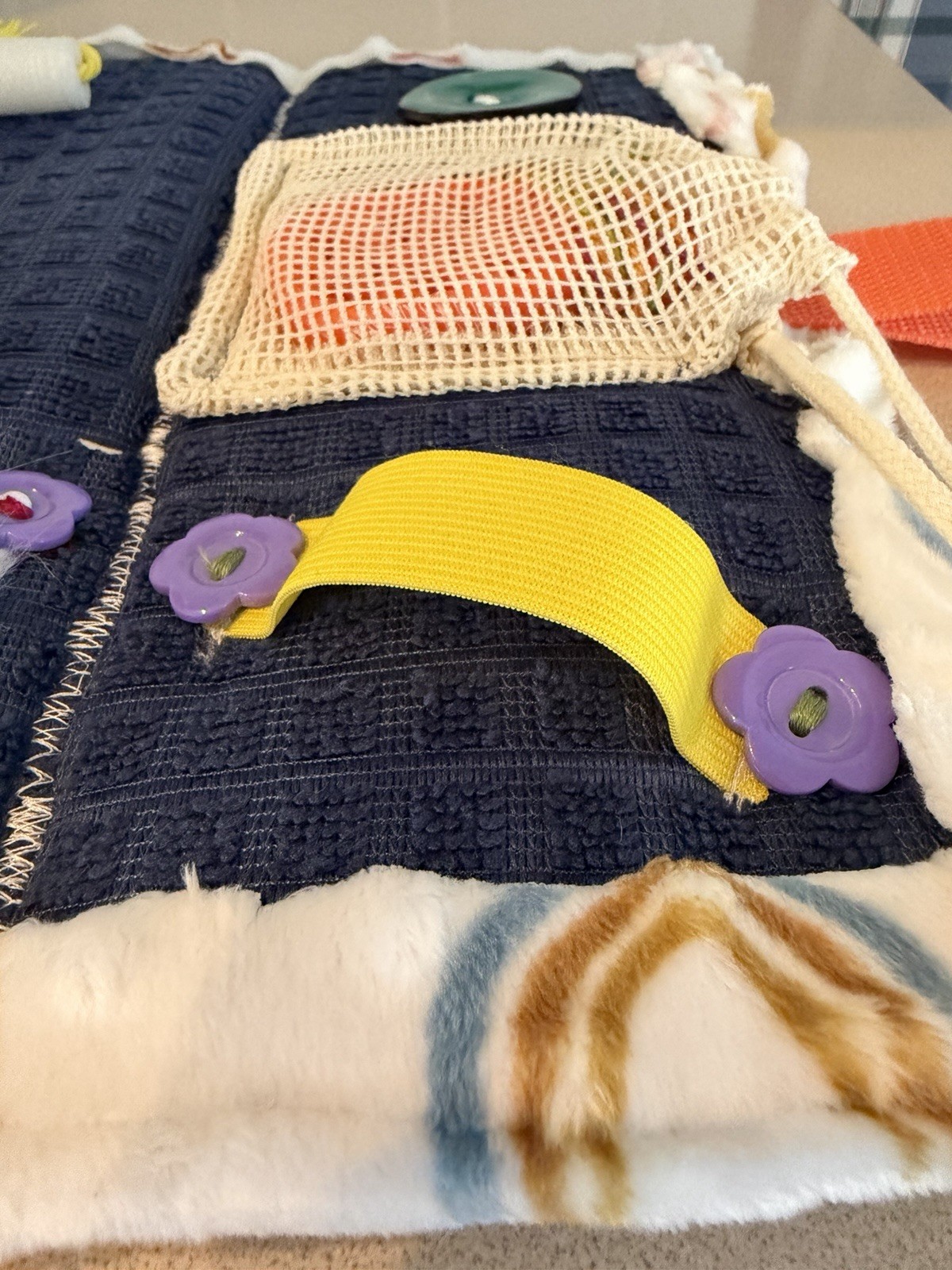 Autism Sensory Activity Mat Teddy Bear Patch Textures Bells Mesh Pocket 18×12″