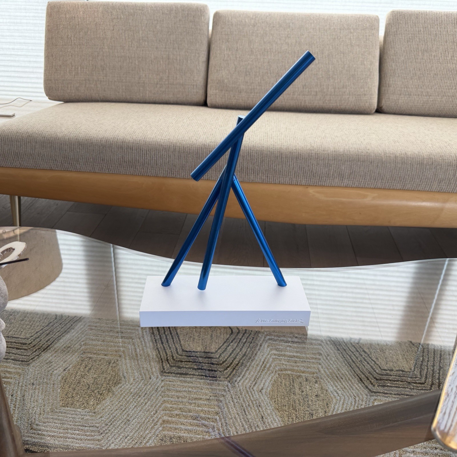 The Swinging Sticks Kinetic Energy Sculpture Desktop Toy Version Blue NOS