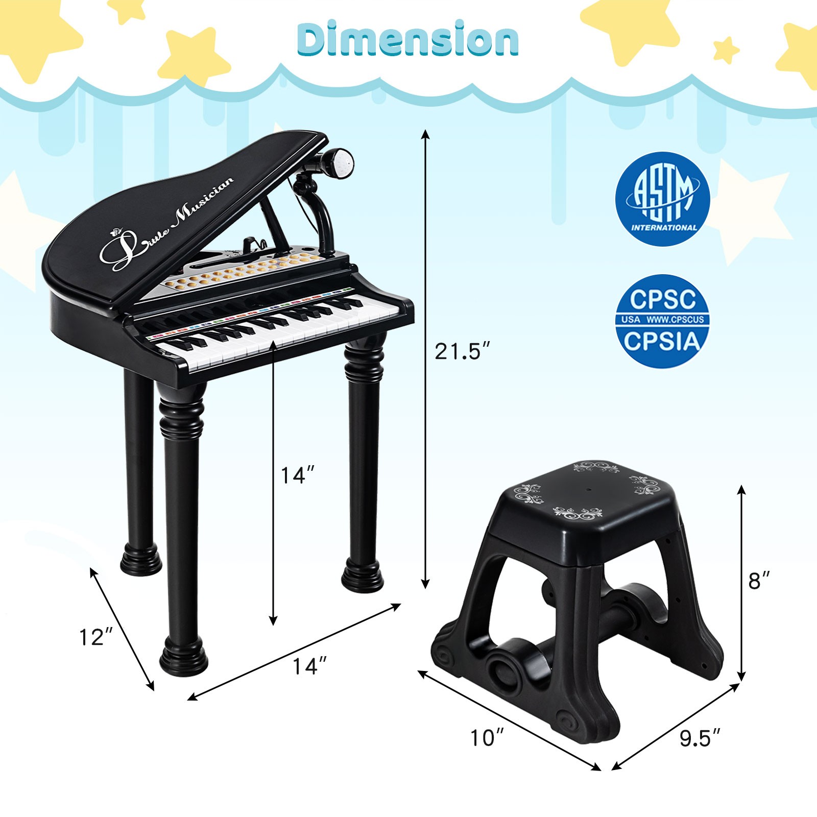 31 Keys Kids Piano Keyboard Toy Toddler Musical Instrument w/ Stool & Microphone